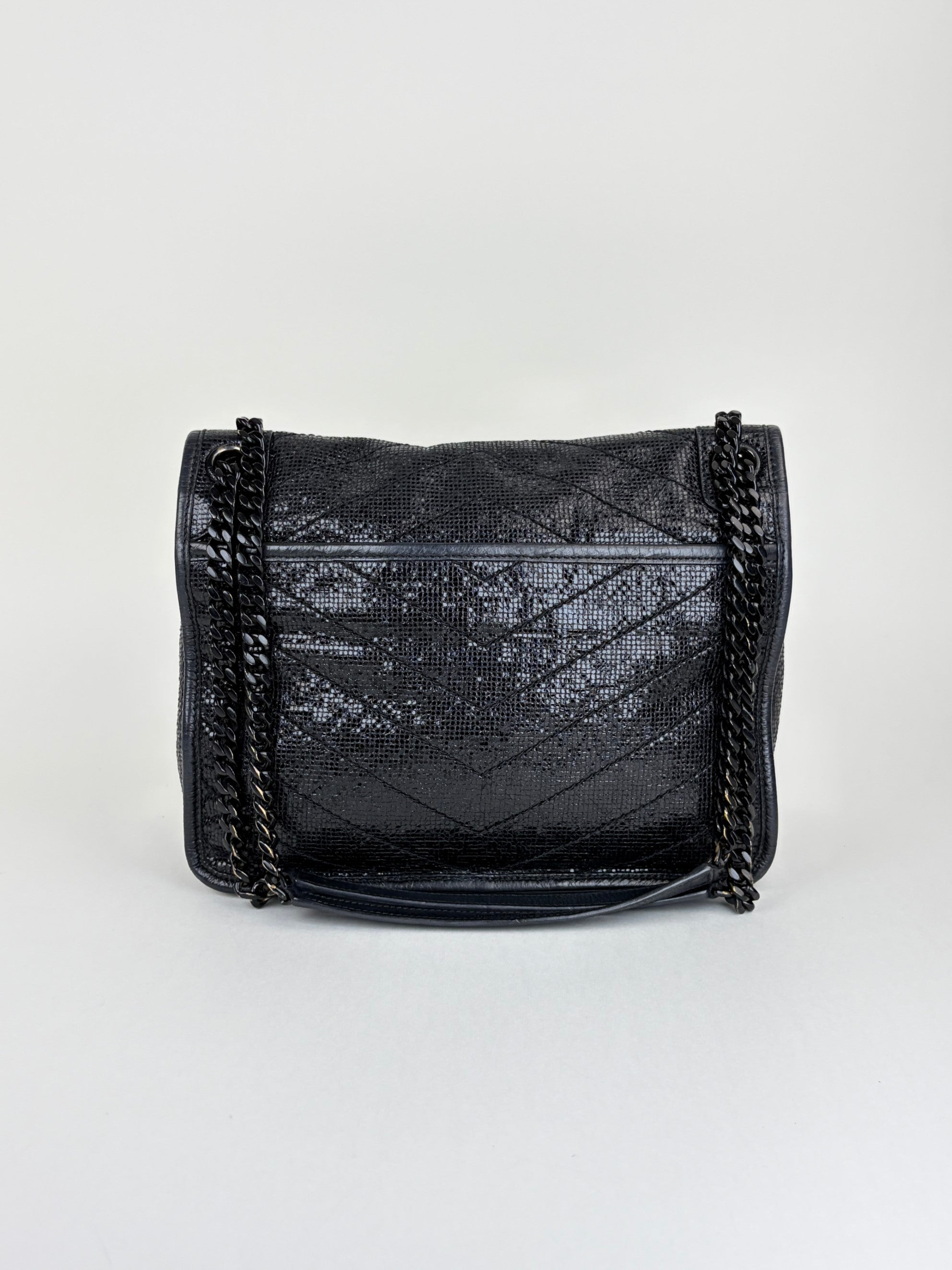 YSL Black metallic cracked calfskin monogram medium shoulder bag