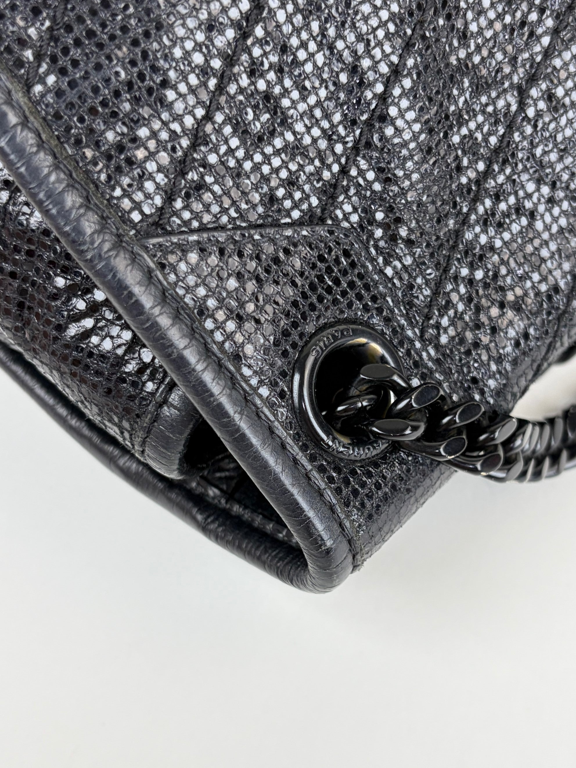 YSL Black metallic cracked calfskin monogram medium shoulder bag