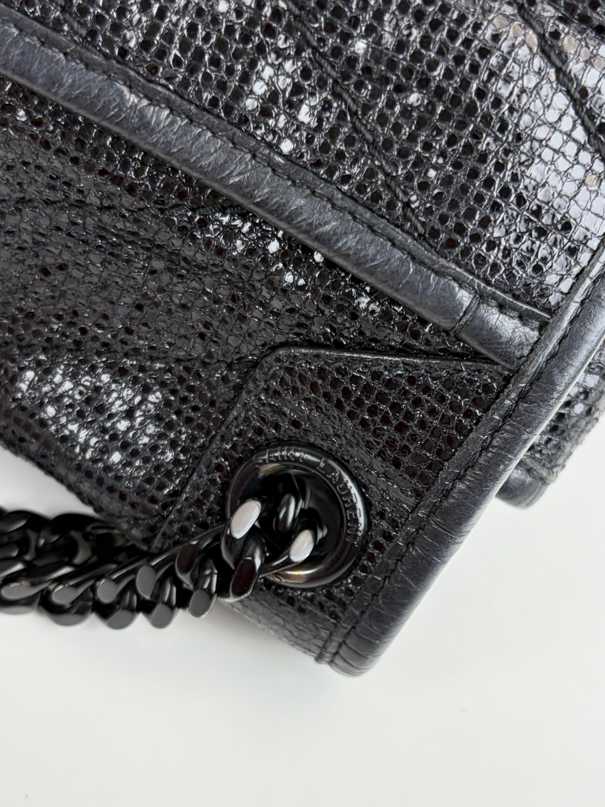 YSL Black metallic cracked calfskin monogram medium shoulder bag
