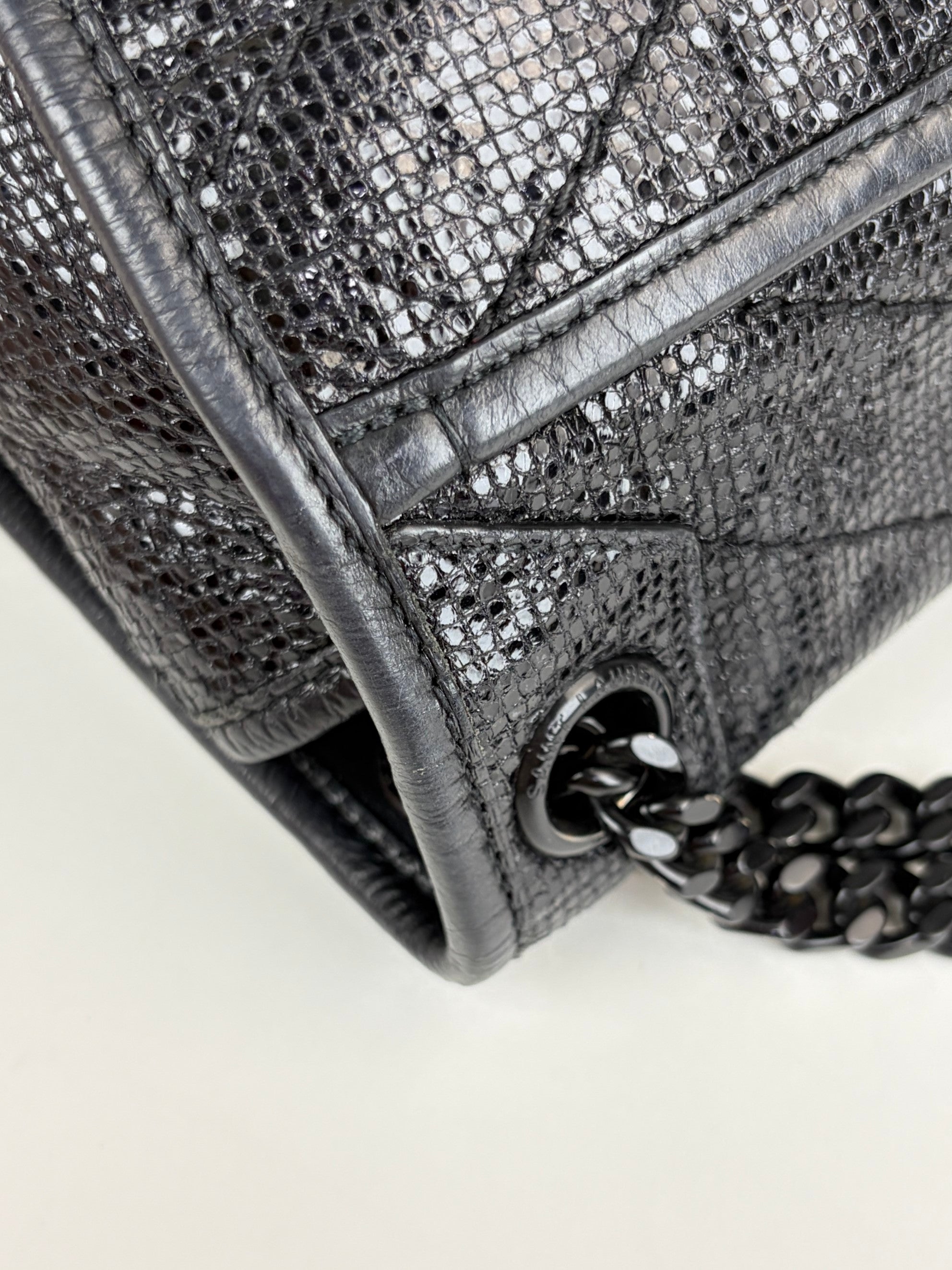 YSL Black metallic cracked calfskin monogram medium shoulder bag