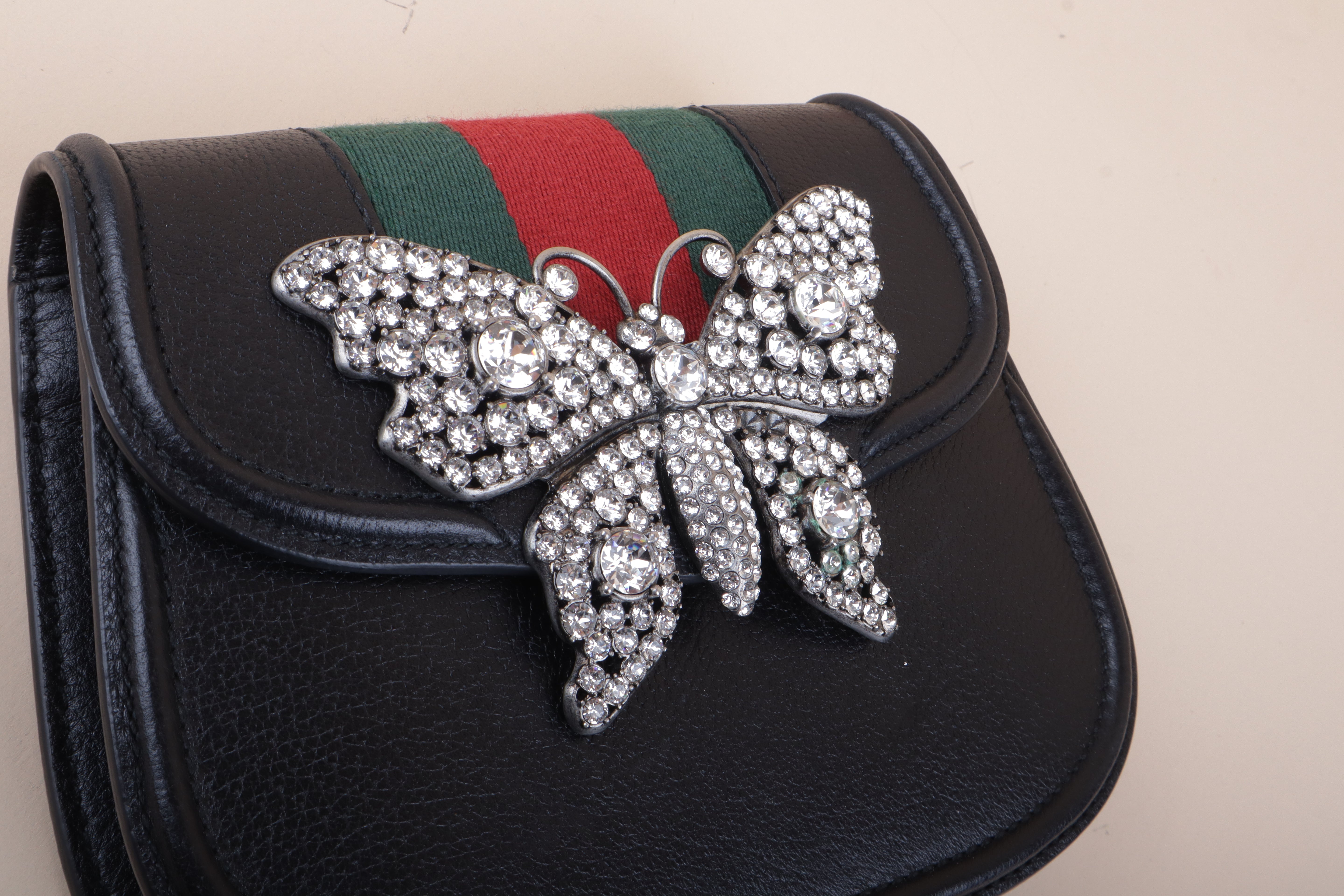 Gucci black totem crystal butterfly crossbody