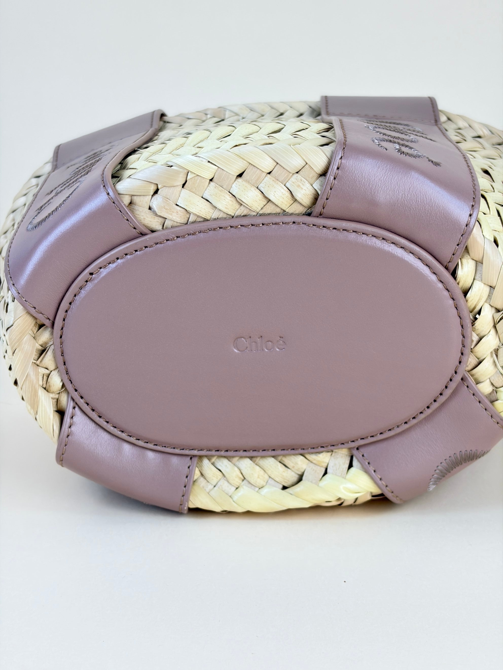 Chloe pink smooth calfskin small sense raffia basket bag