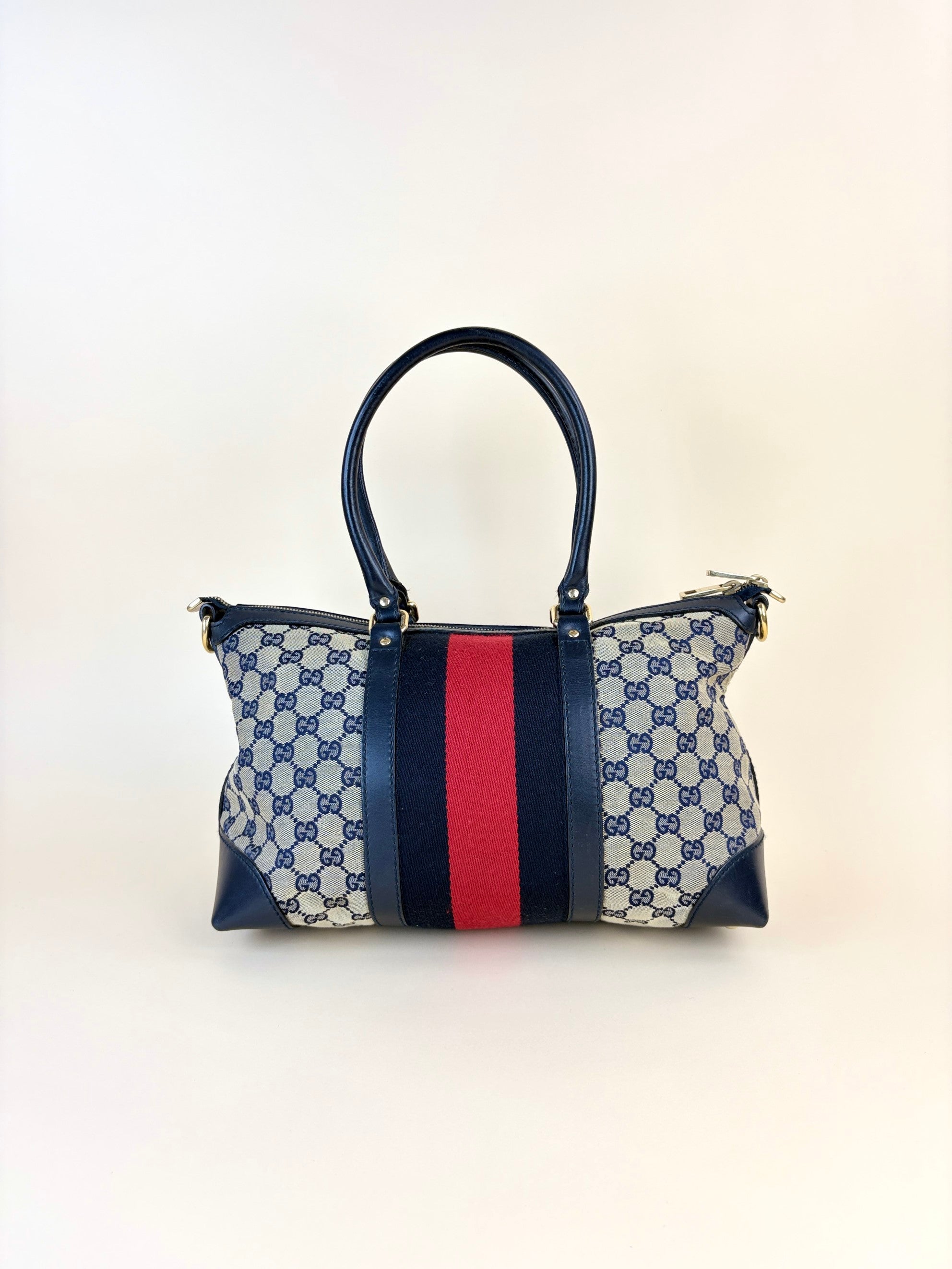 Gucci gg canvas blue leather web rania bag