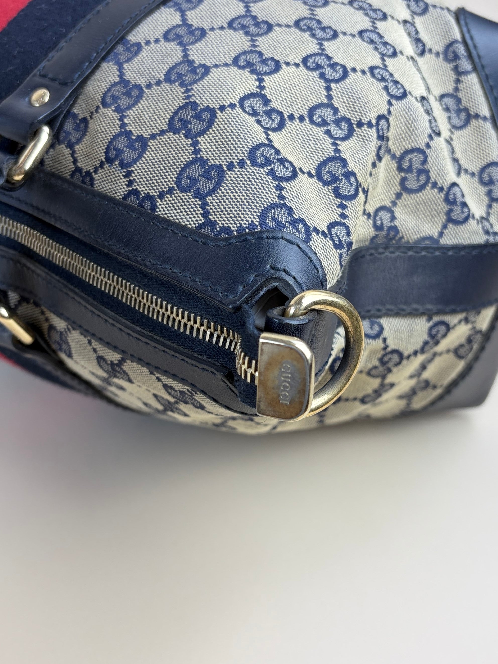 Gucci gg canvas blue leather web rania bag
