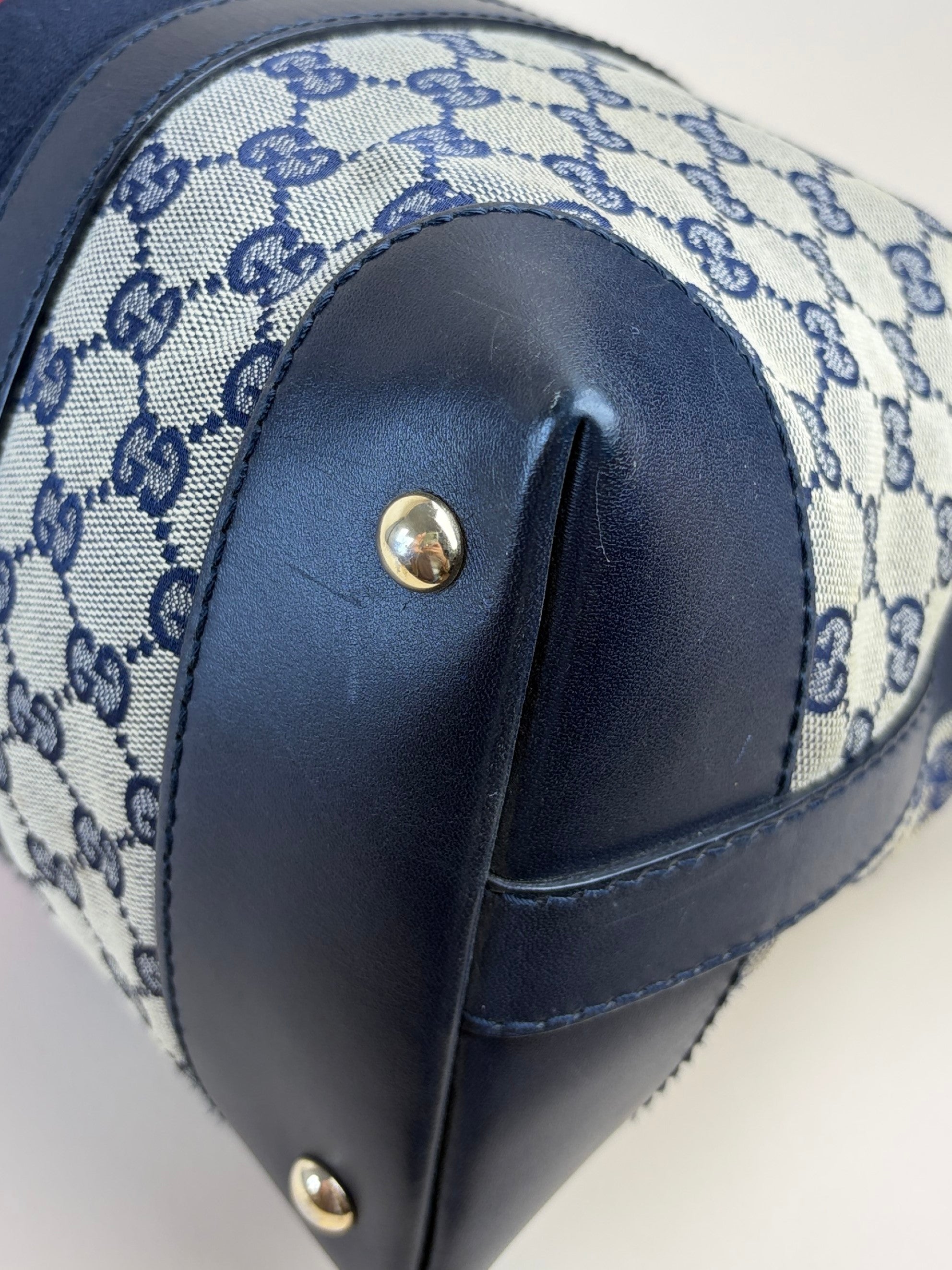 Gucci gg canvas blue leather web rania bag