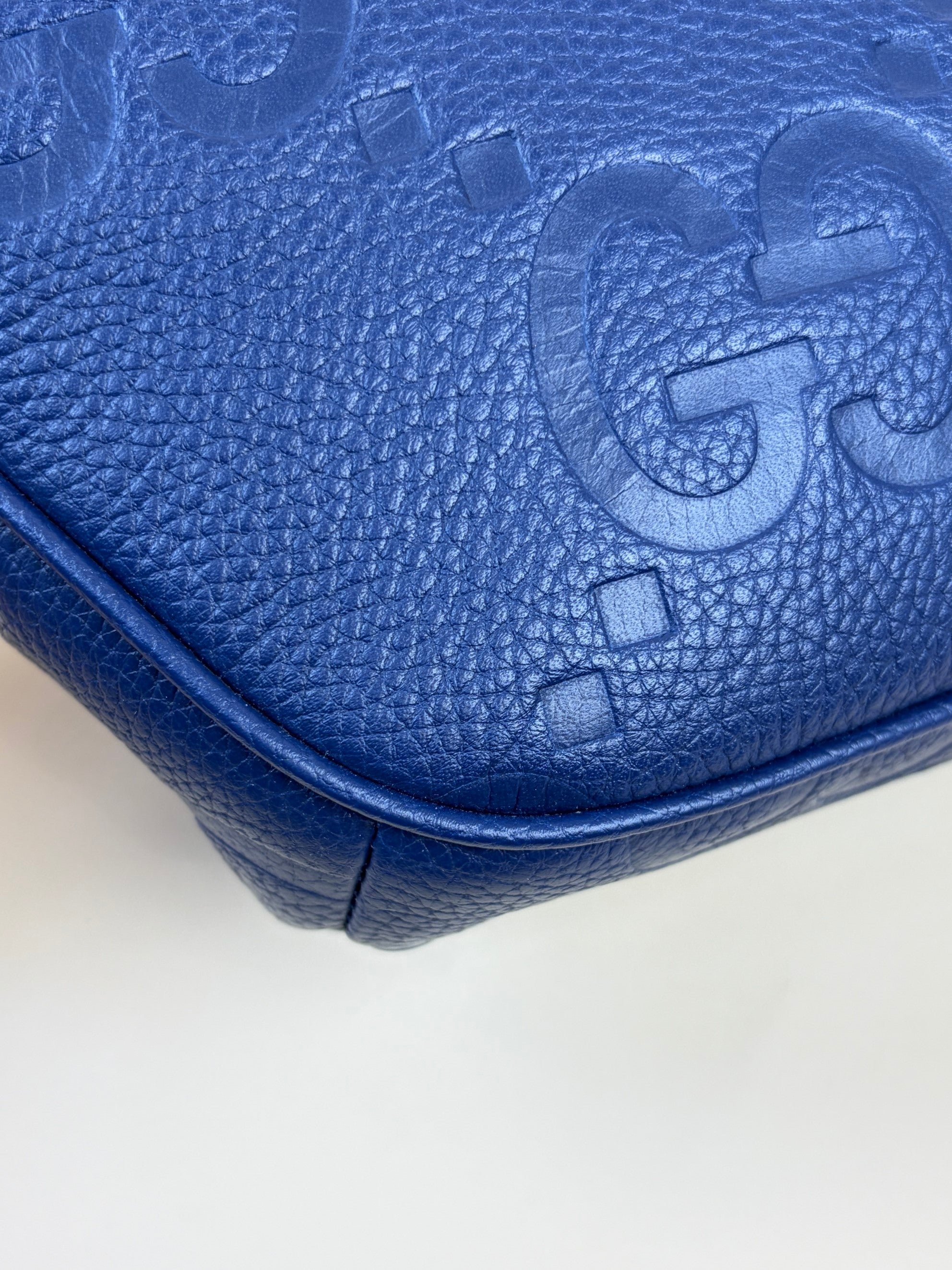 Gucci Blue Embossed Piuma Jumbo GG Pocket Bag