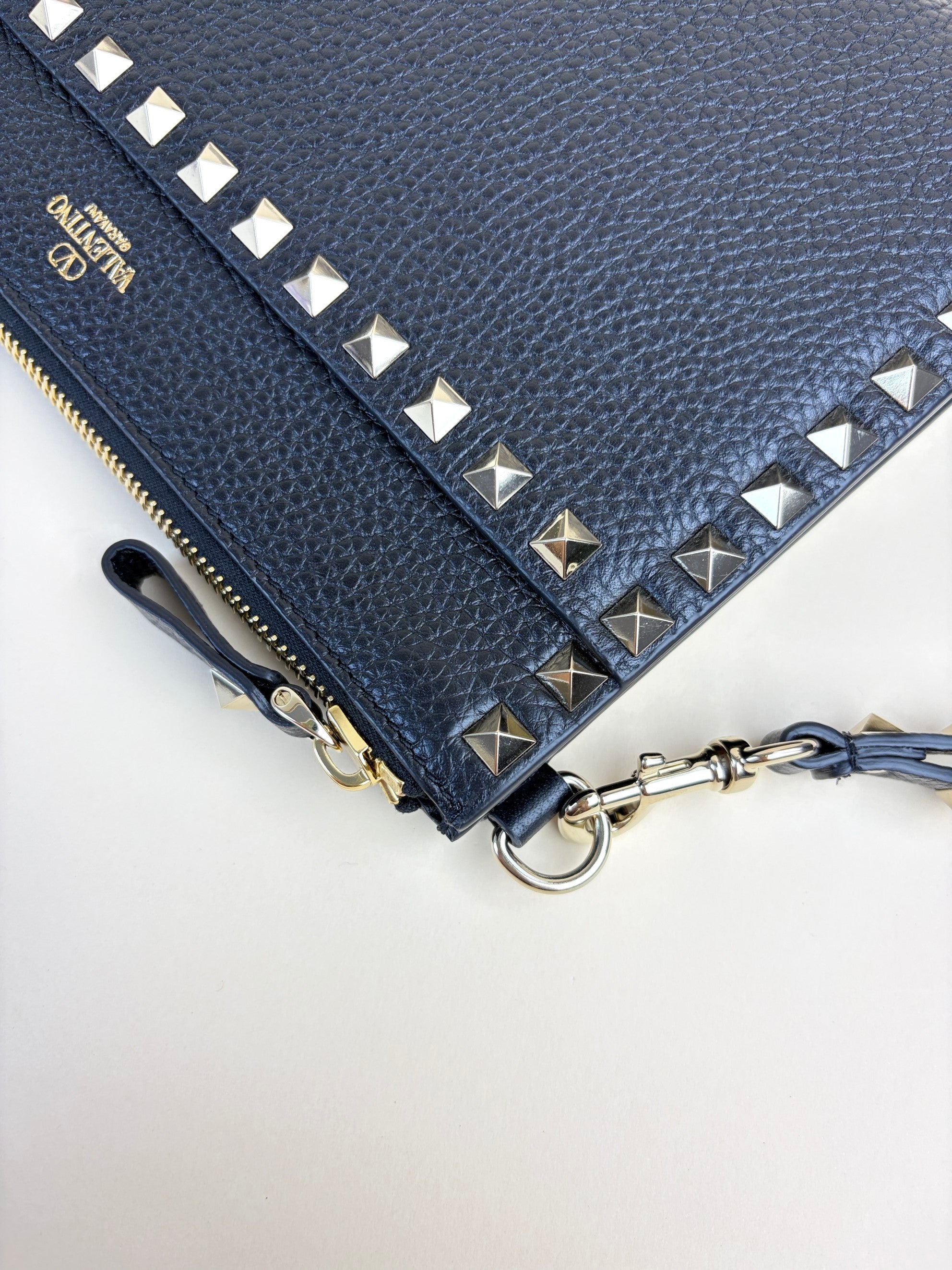 Valentino euro Black pebbled Rock stud Zipped Clutch