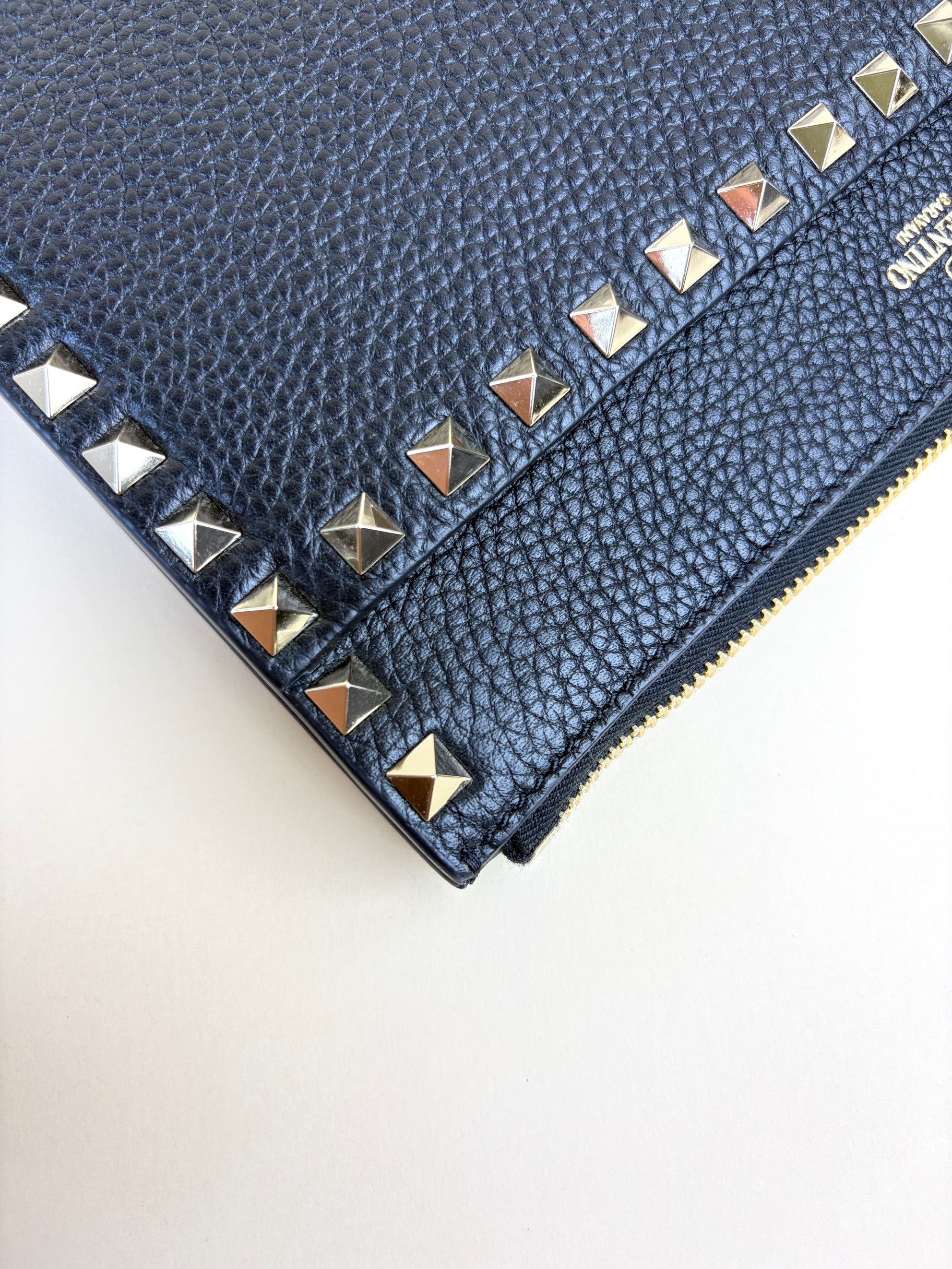 Valentino euro Black pebbled Rock stud Zipped Clutch