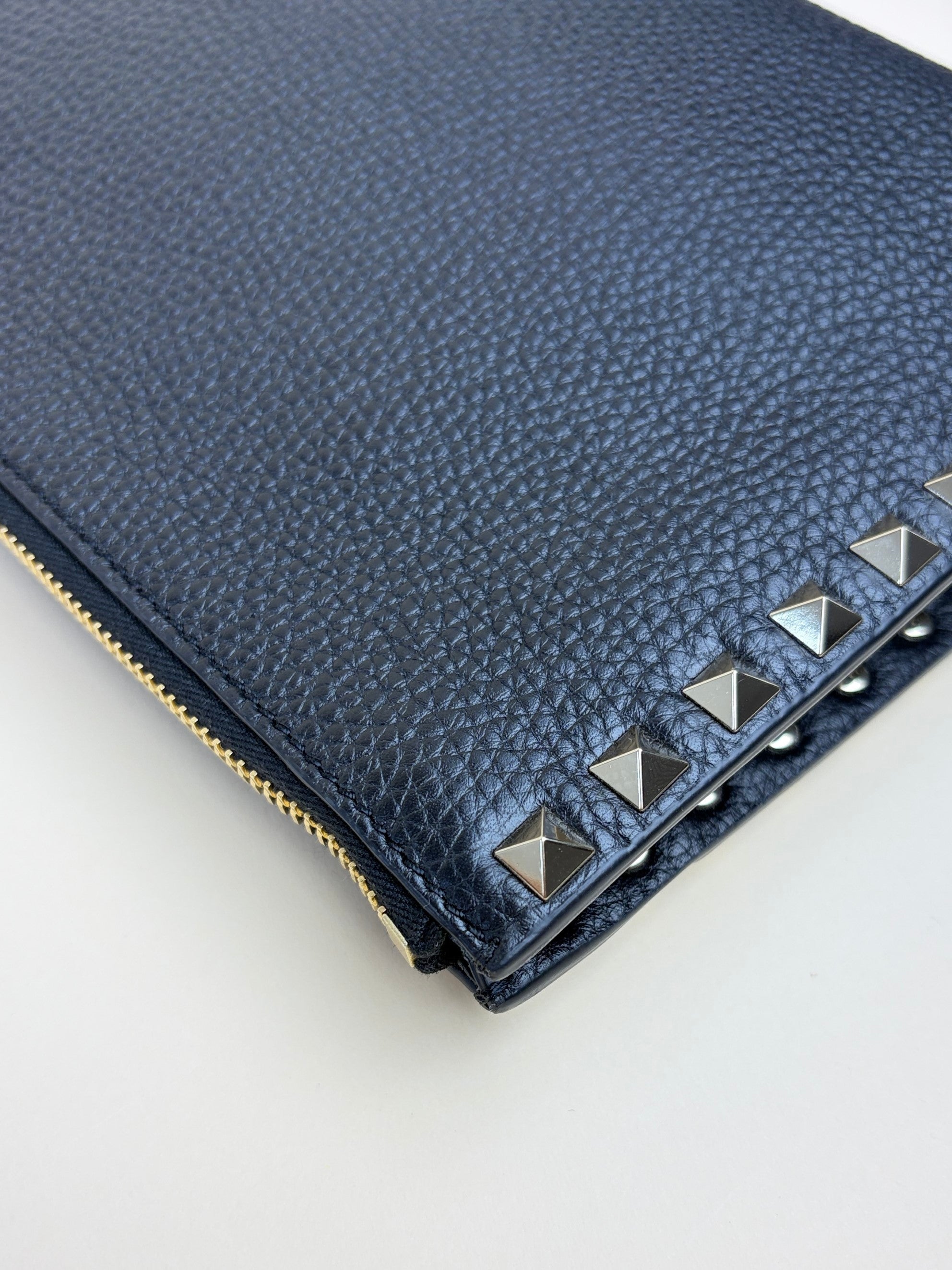Valentino euro Black pebbled Rock stud Zipped Clutch
