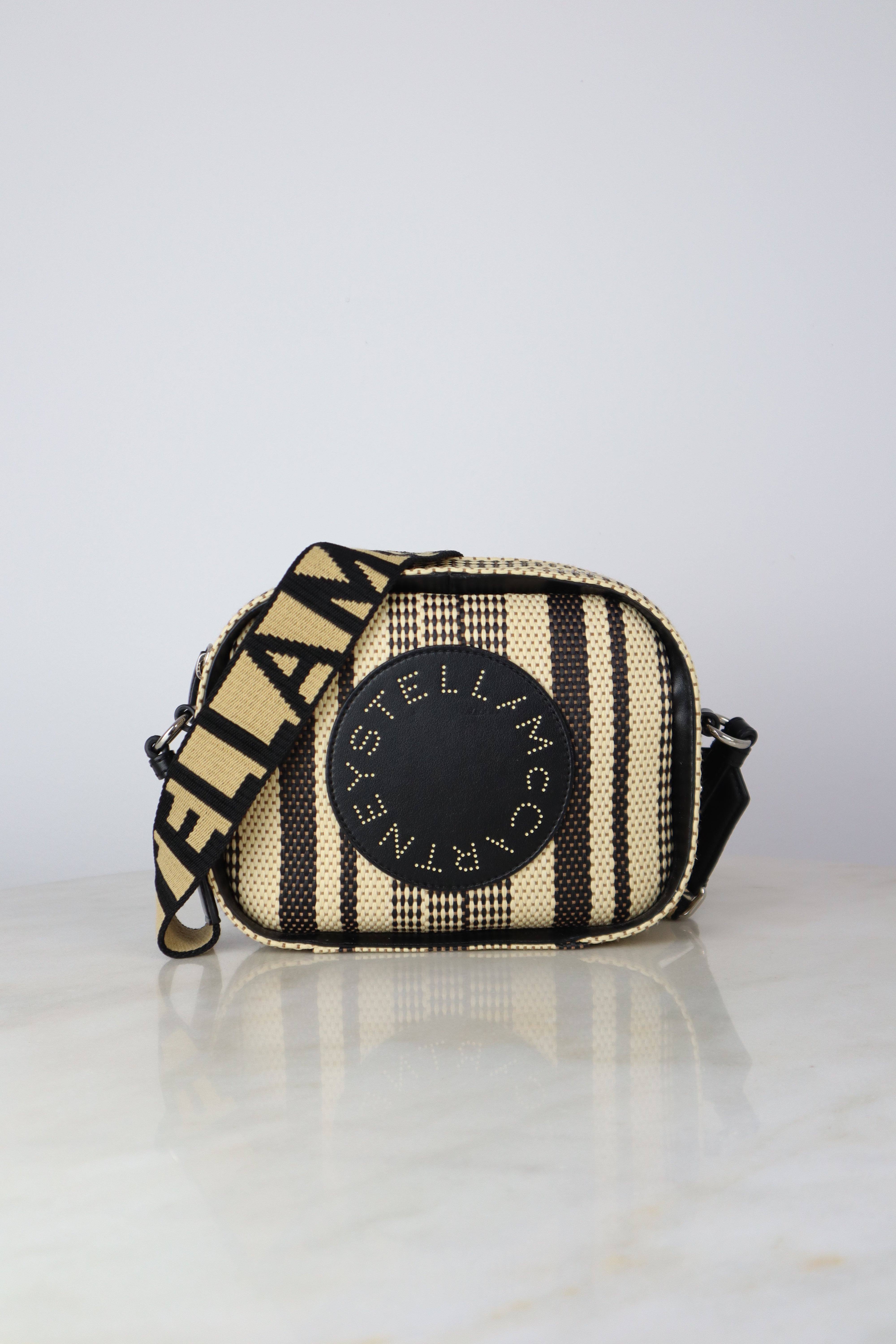 Stella Mccartney Bicolor Eco Small Raffia Striped Logo Camera Crossbody Bag