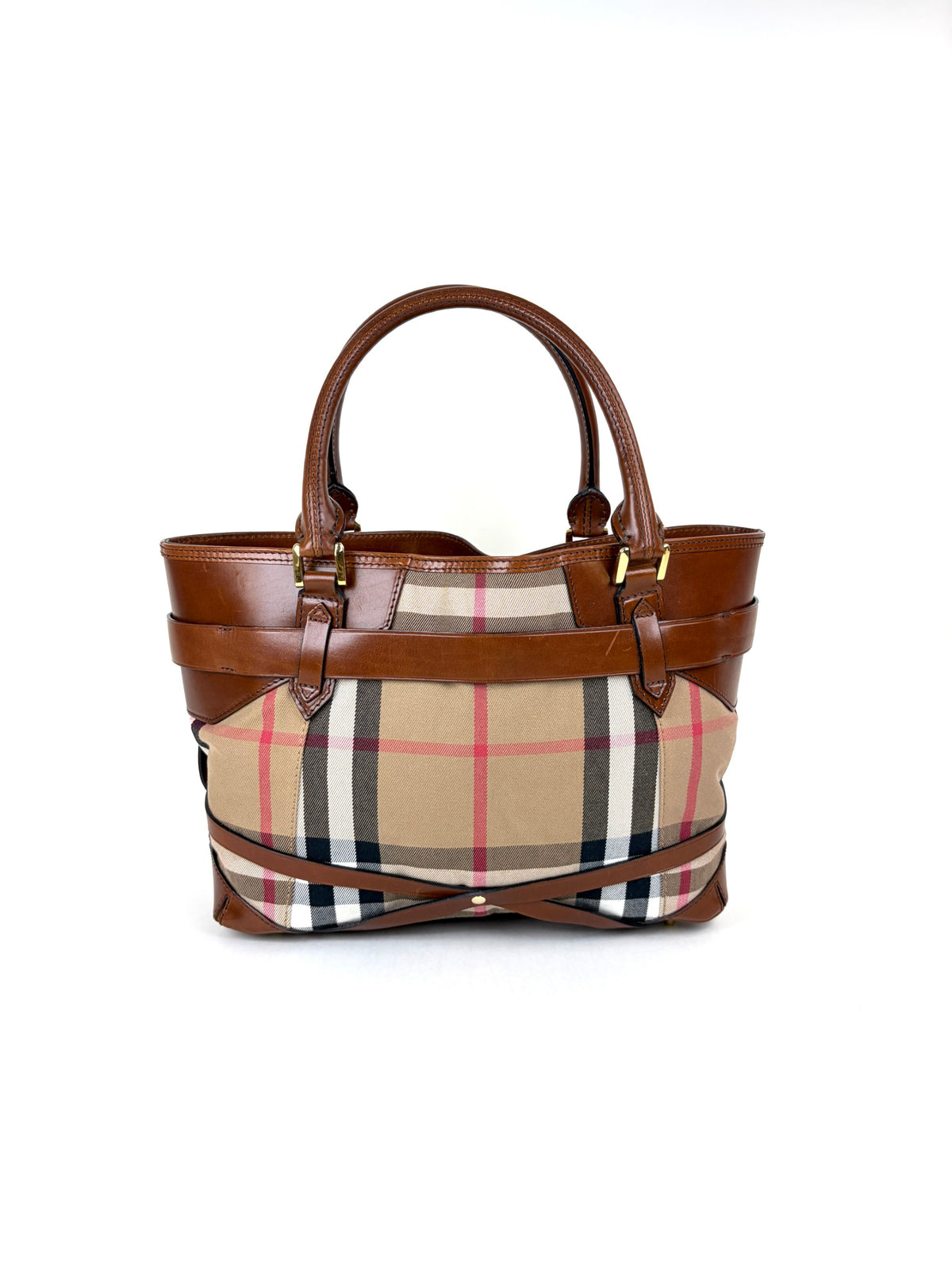 Burberry brown leather house check canvas lyhner medium tote bag