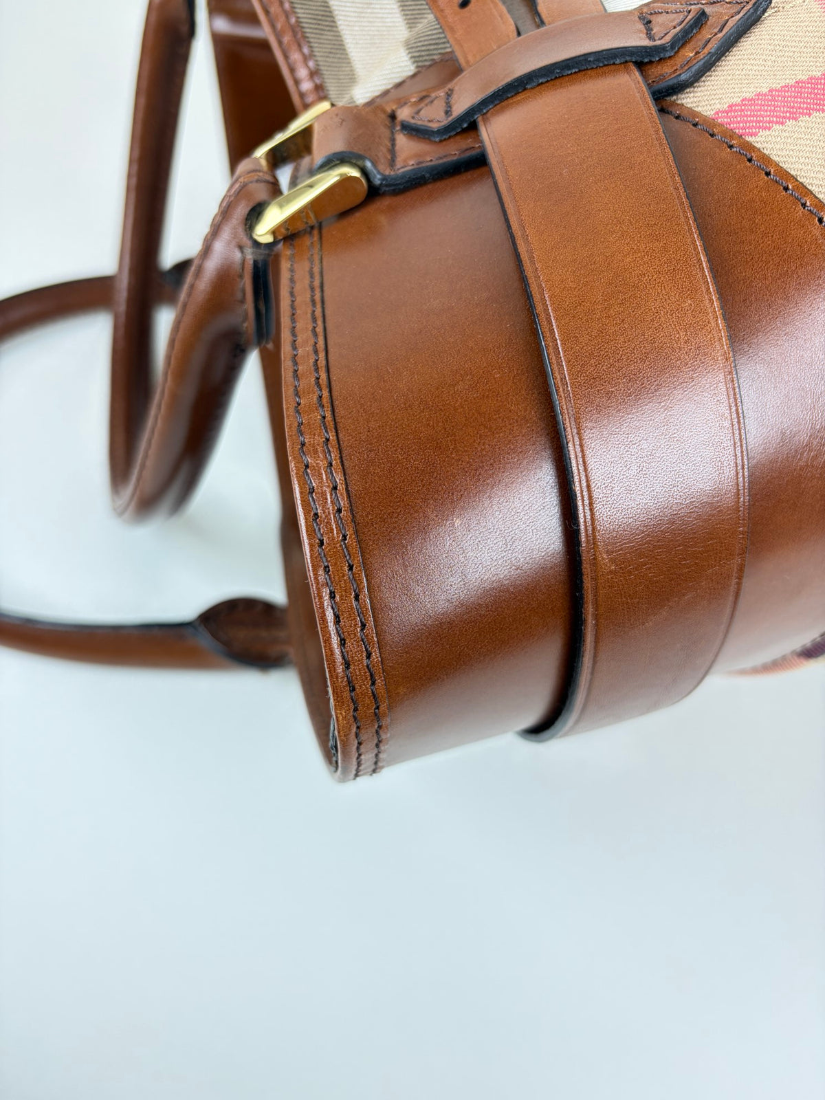 Burberry brown leather house check canvas lyhner medium tote bag