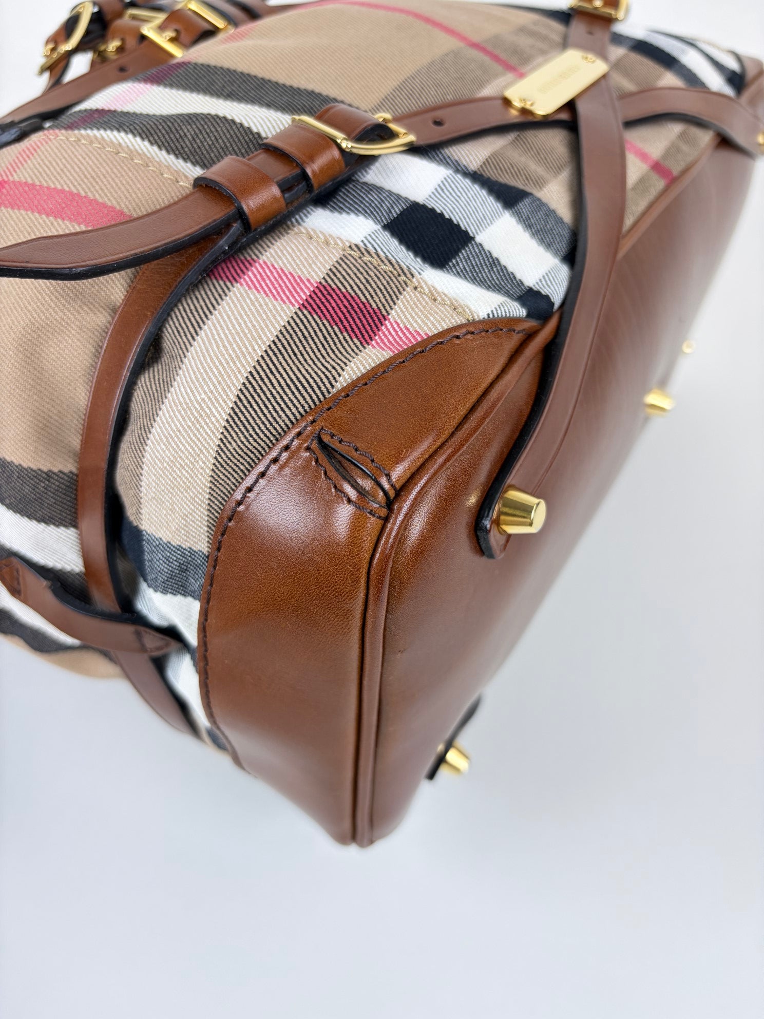 Burberry brown leather house check canvas lyhner medium tote bag