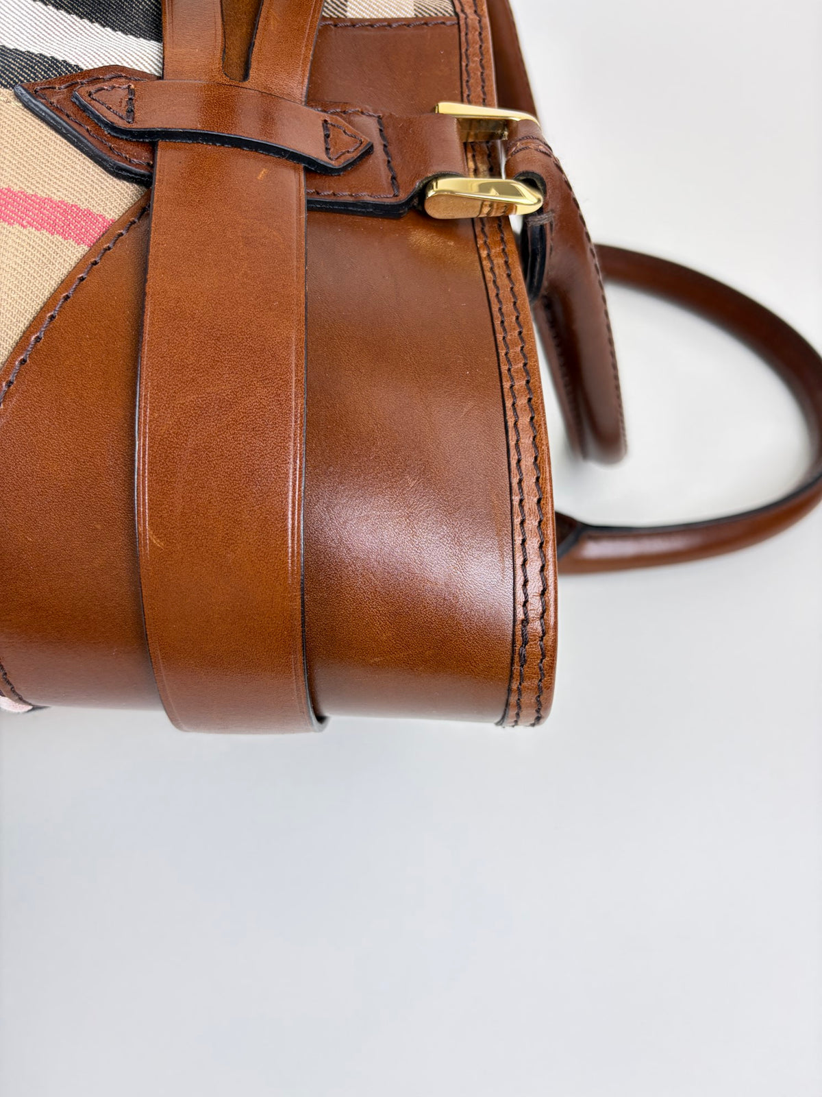 Burberry brown leather house check canvas lyhner medium tote bag