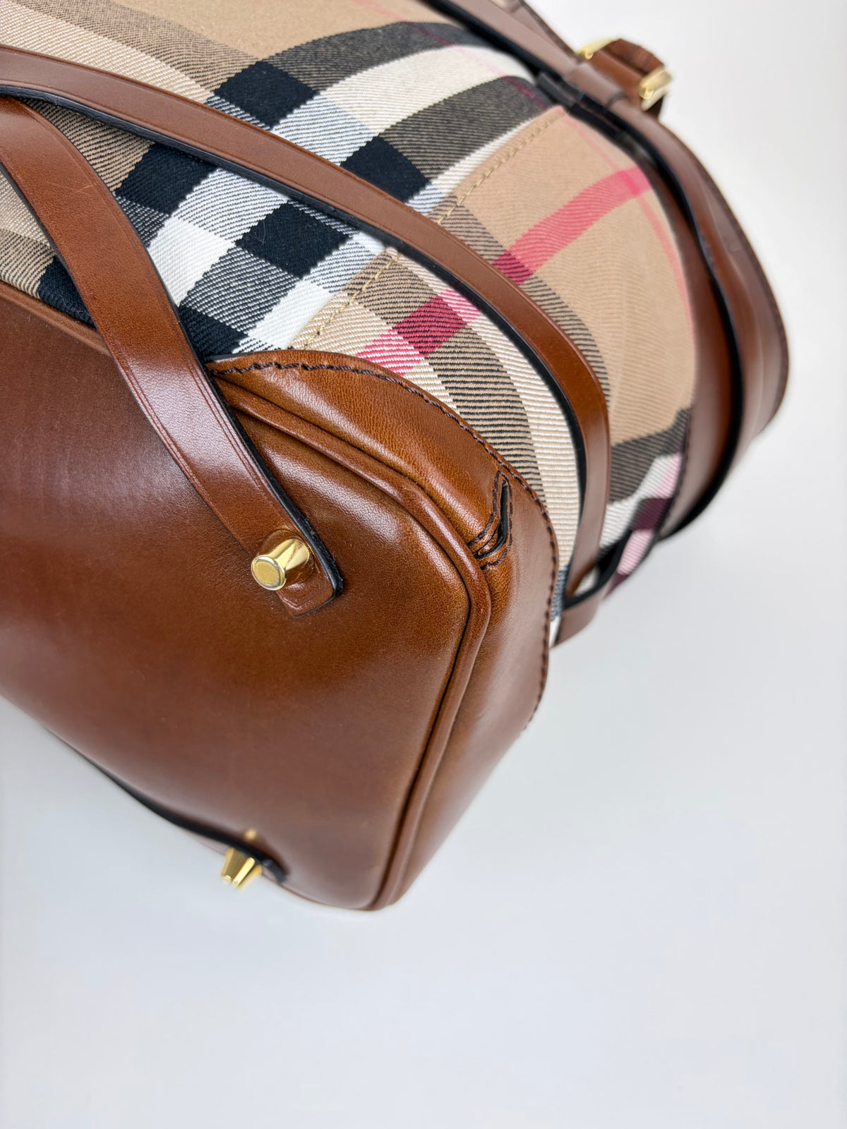 Burberry brown leather house check canvas lyhner medium tote bag
