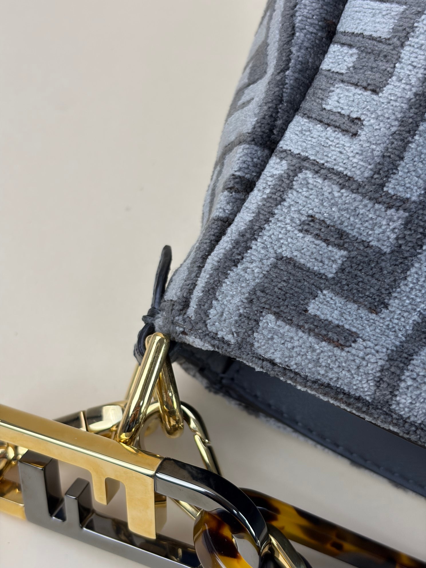 Fendi Dark Grey Chenille Vitello Seta Plexiglass FF-Fendi O,Clock Zipper Shoulder Bag
