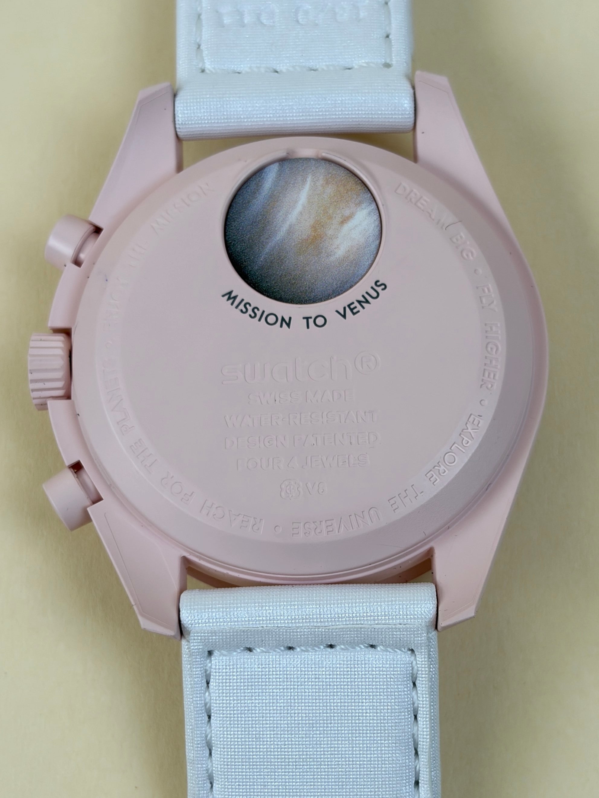 Omega swatch speed master pink and white mission Venus moon swatch