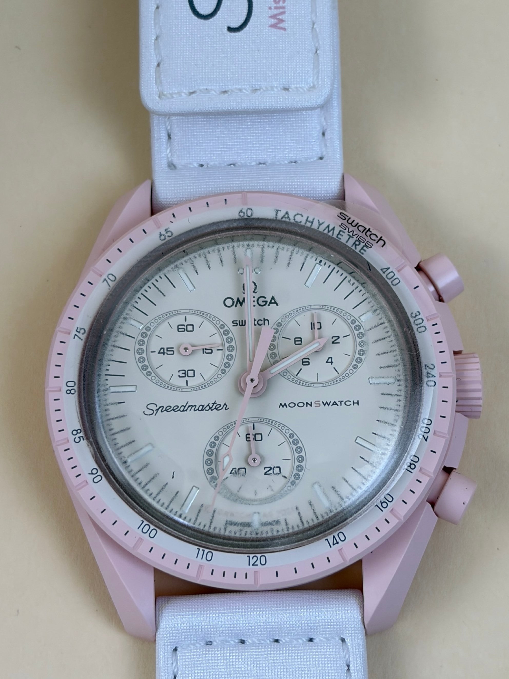 Omega swatch speed master pink and white mission Venus moon swatch