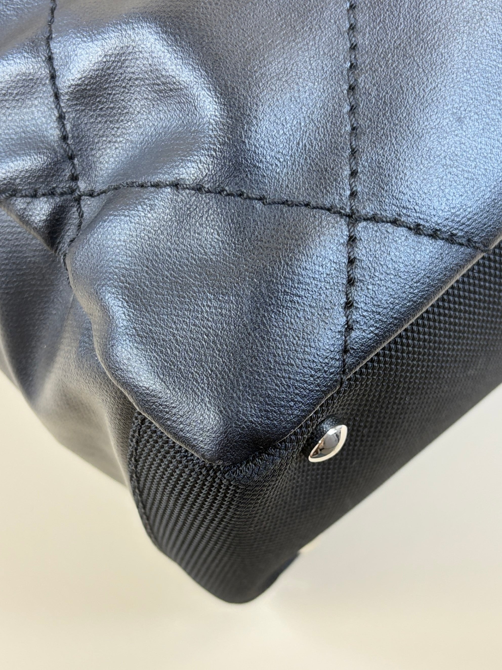 Chanel black coated canvas quilted small Paris Biarritz tote bag