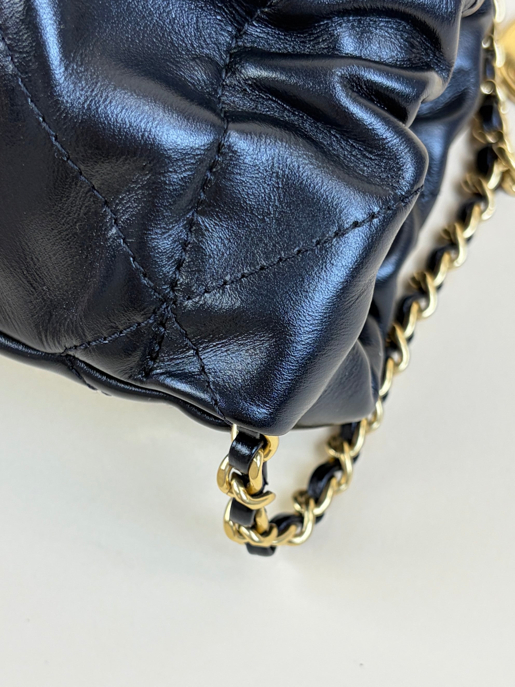 Chanel black shiny calfskin quilted pearl cc chain mini bag