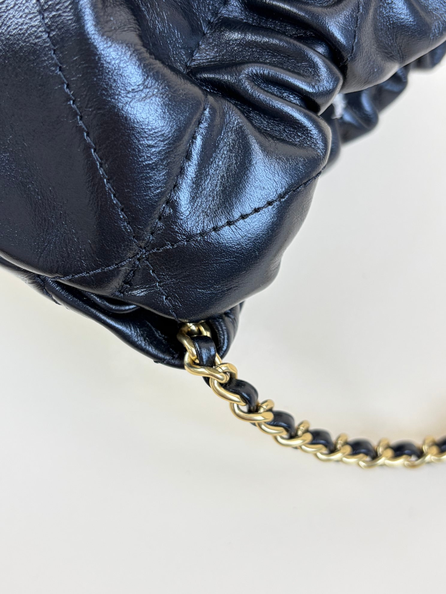 Chanel black shiny calfskin quilted pearl cc chain mini bag