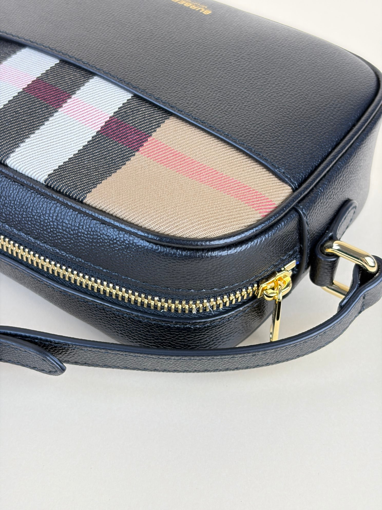 Burberry black leather and House Check small camera bag