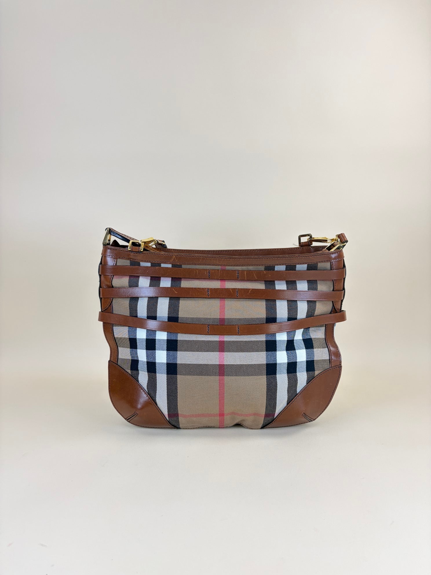 Burberry Camel Dutton Bridle House Check Small Shoulder Bag with Strap