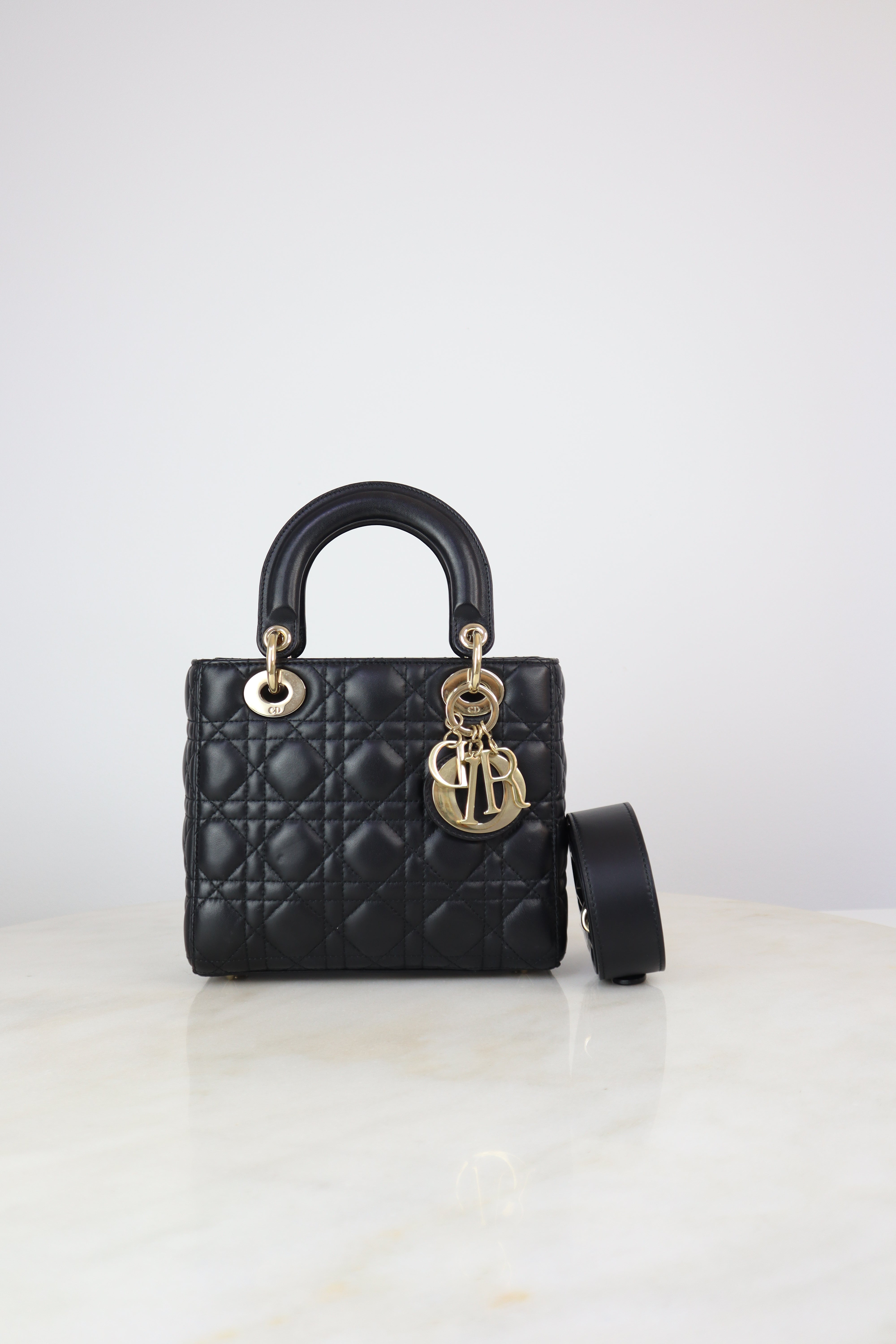 Christian Dior Black Small Lady Dior Tote Bag W/ Strap