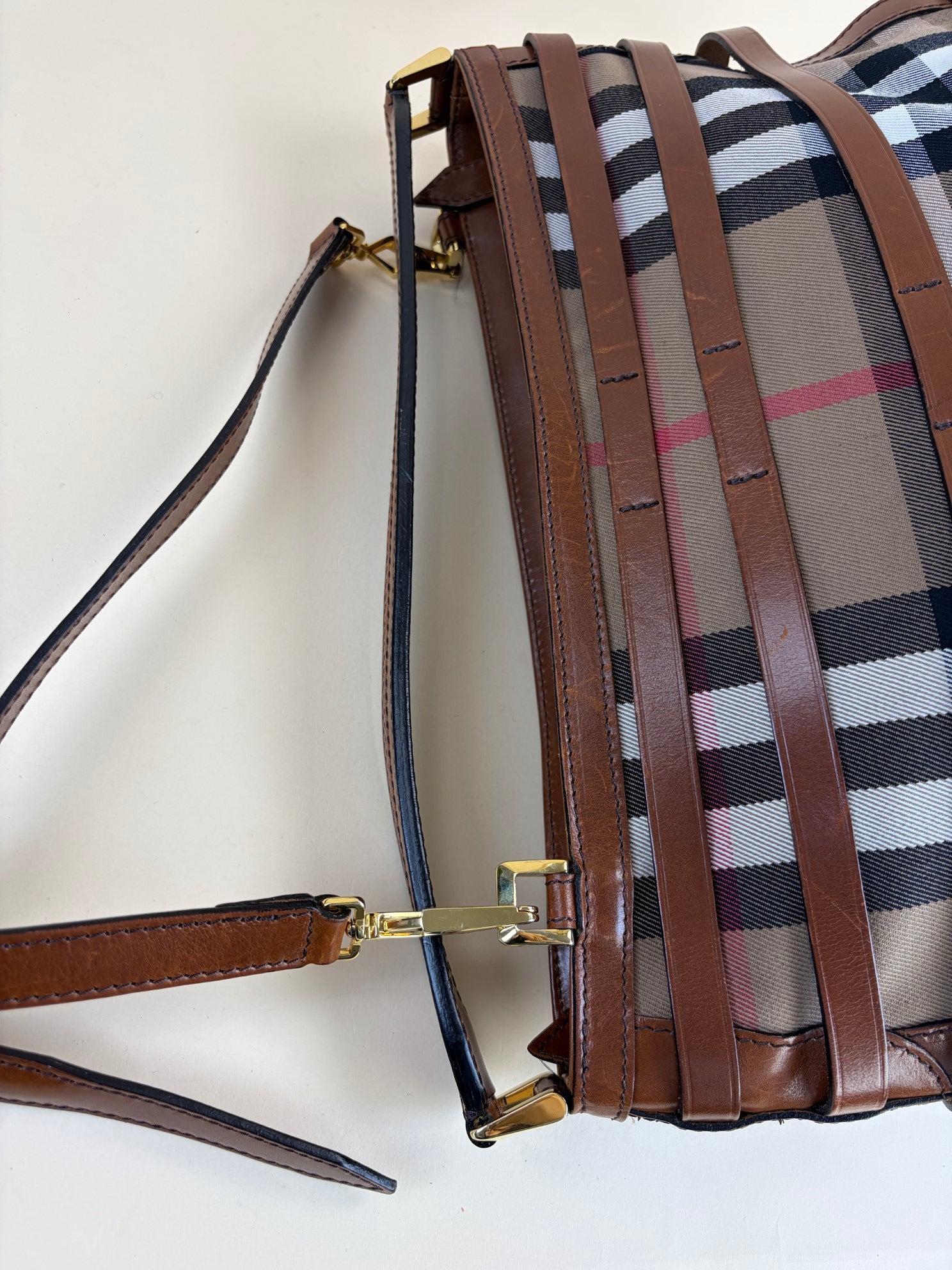 Burberry Camel Dutton Bridle House Check Small Shoulder Bag with Strap