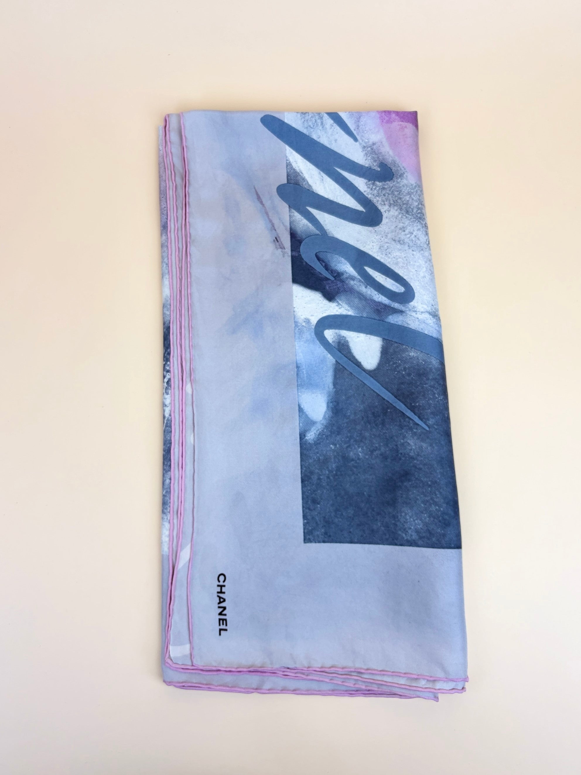 CHANEL pink/grey multicolor cc print silk square scarf