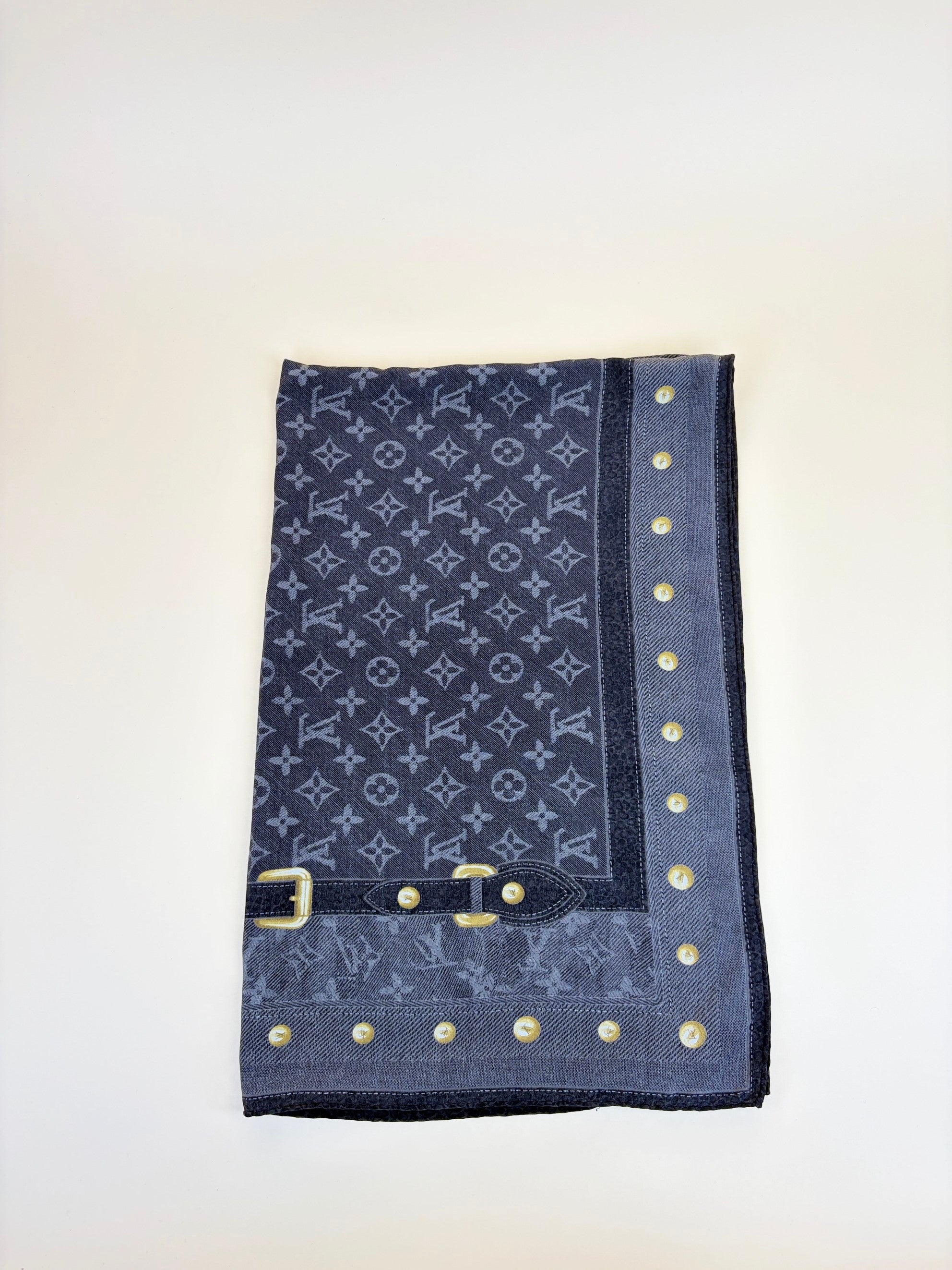 louis Vuitton dark grey monogram new denim silk scarf
