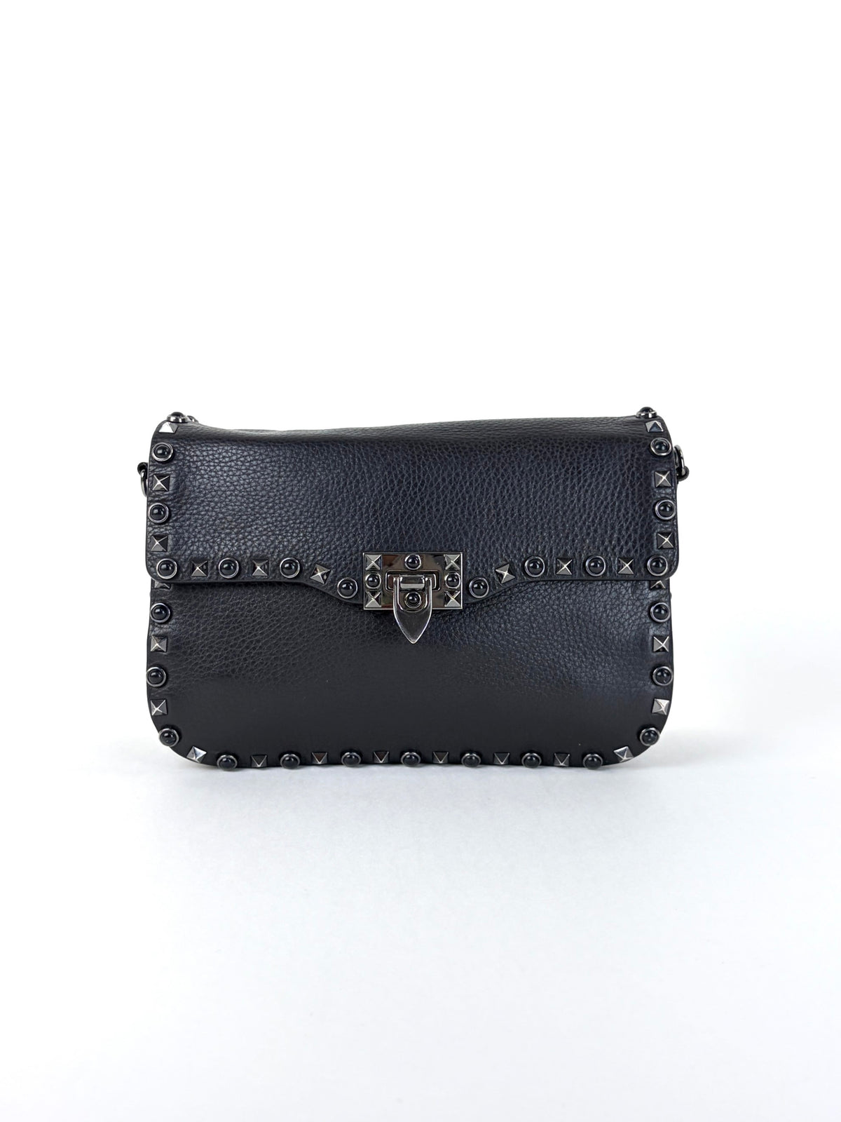 Valentino black grained calfskin onyx medium guitar strap rockstud rolling flap bag