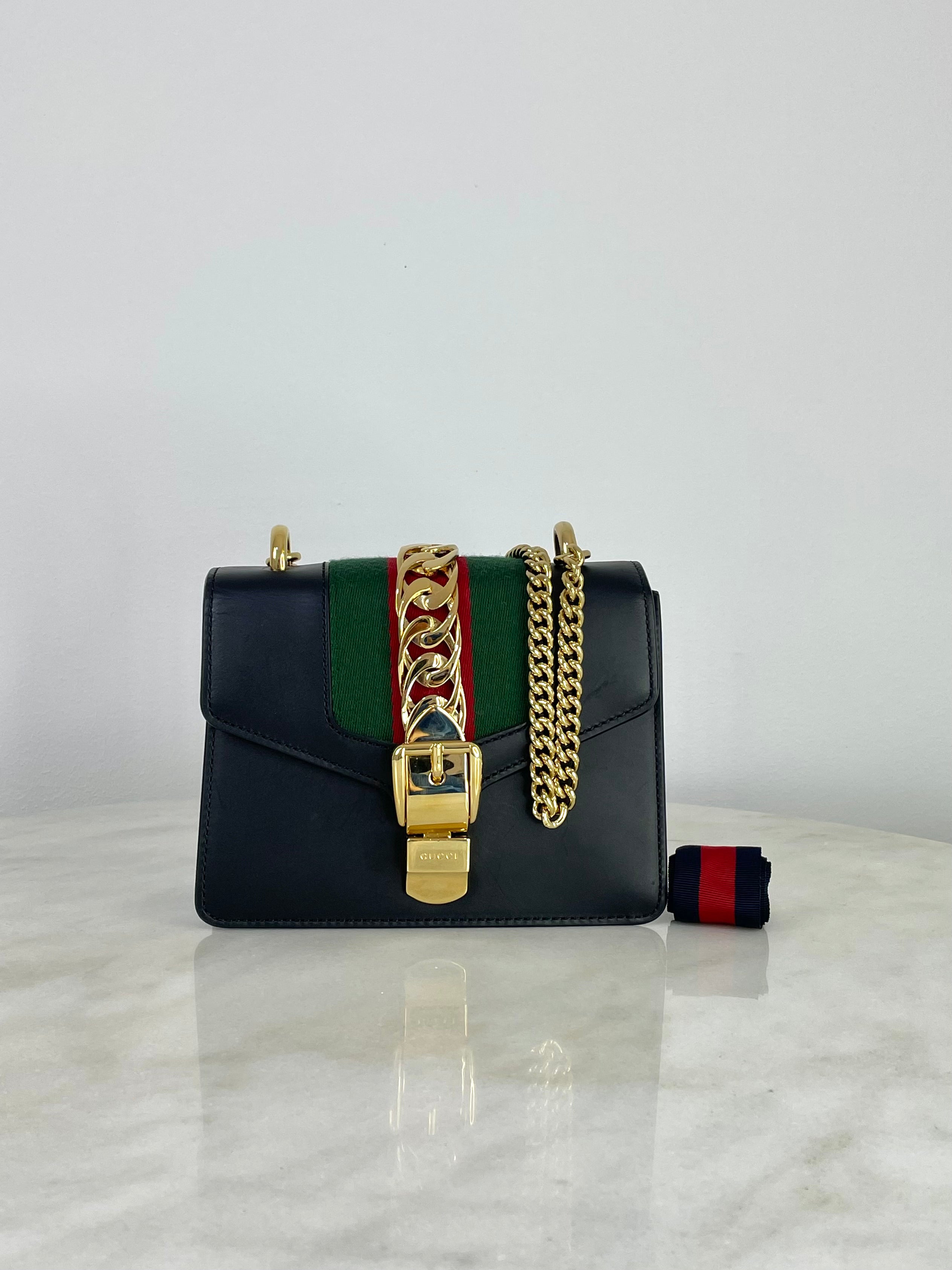 Gucci Black Web Ophidia Sylvie Mini Bag W/ Chain