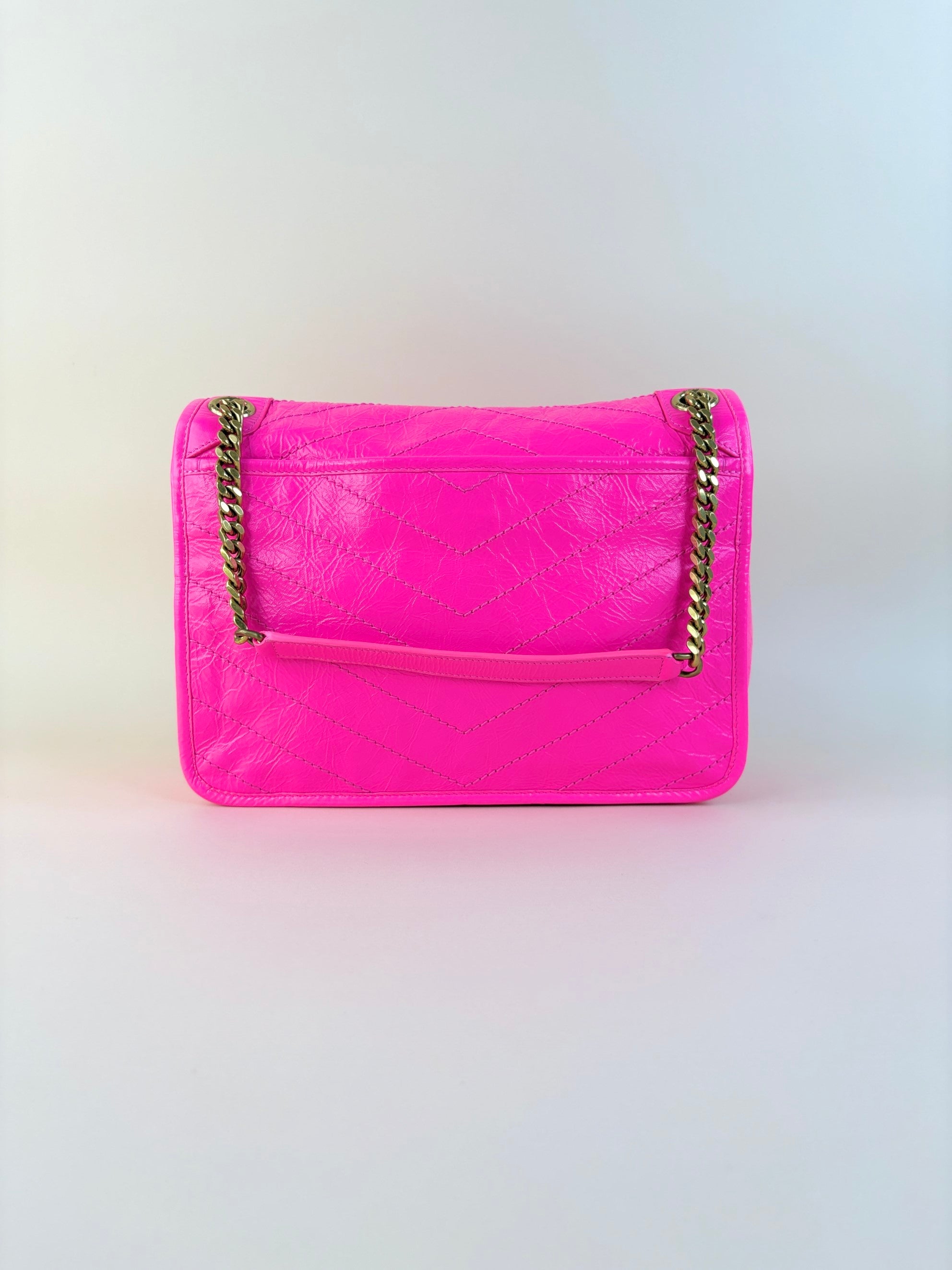 YSL Neon Pink Crinkle Niki Medium Shoulder Bag