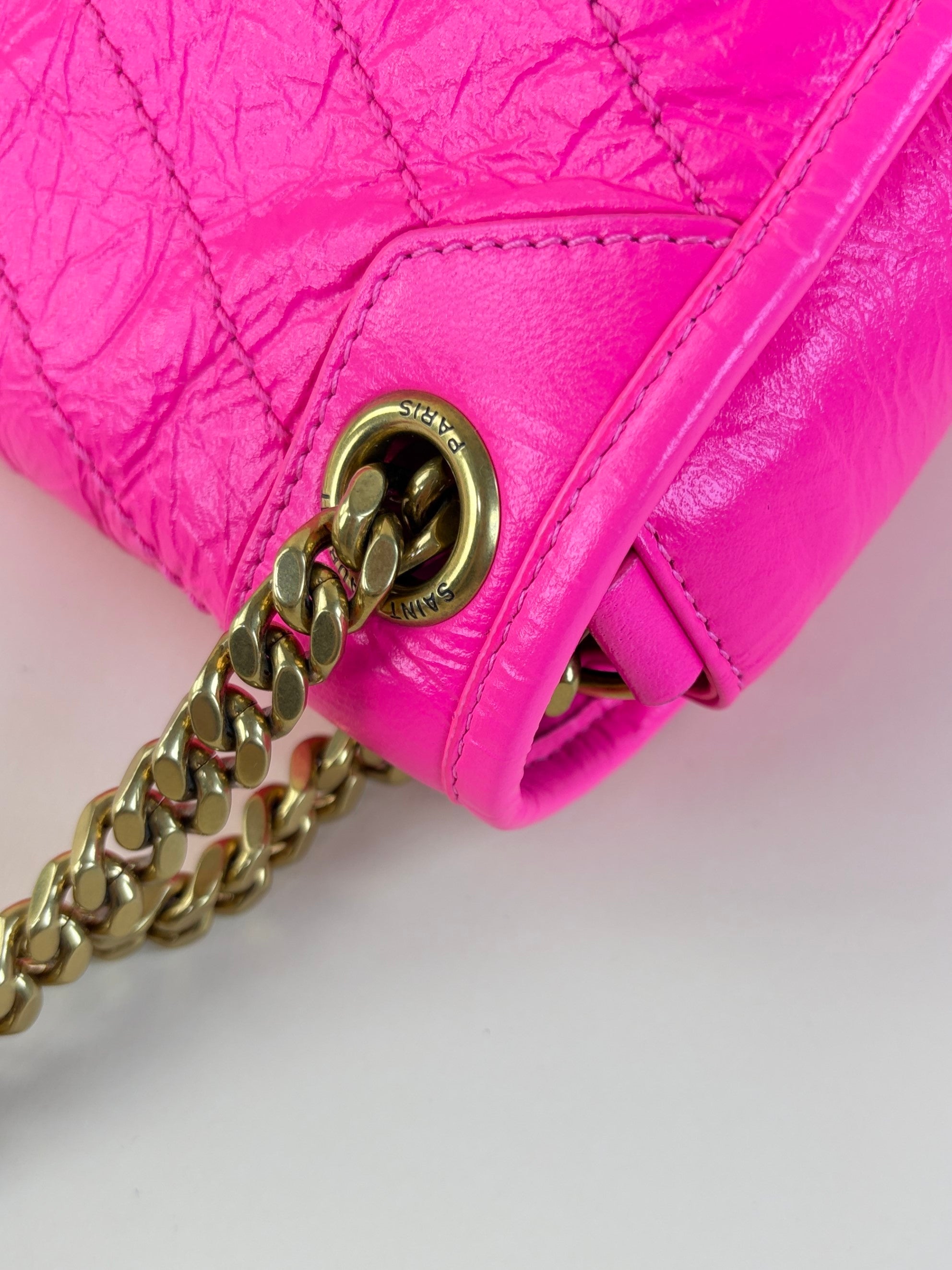 YSL Neon Pink Crinkle Niki Medium Shoulder Bag