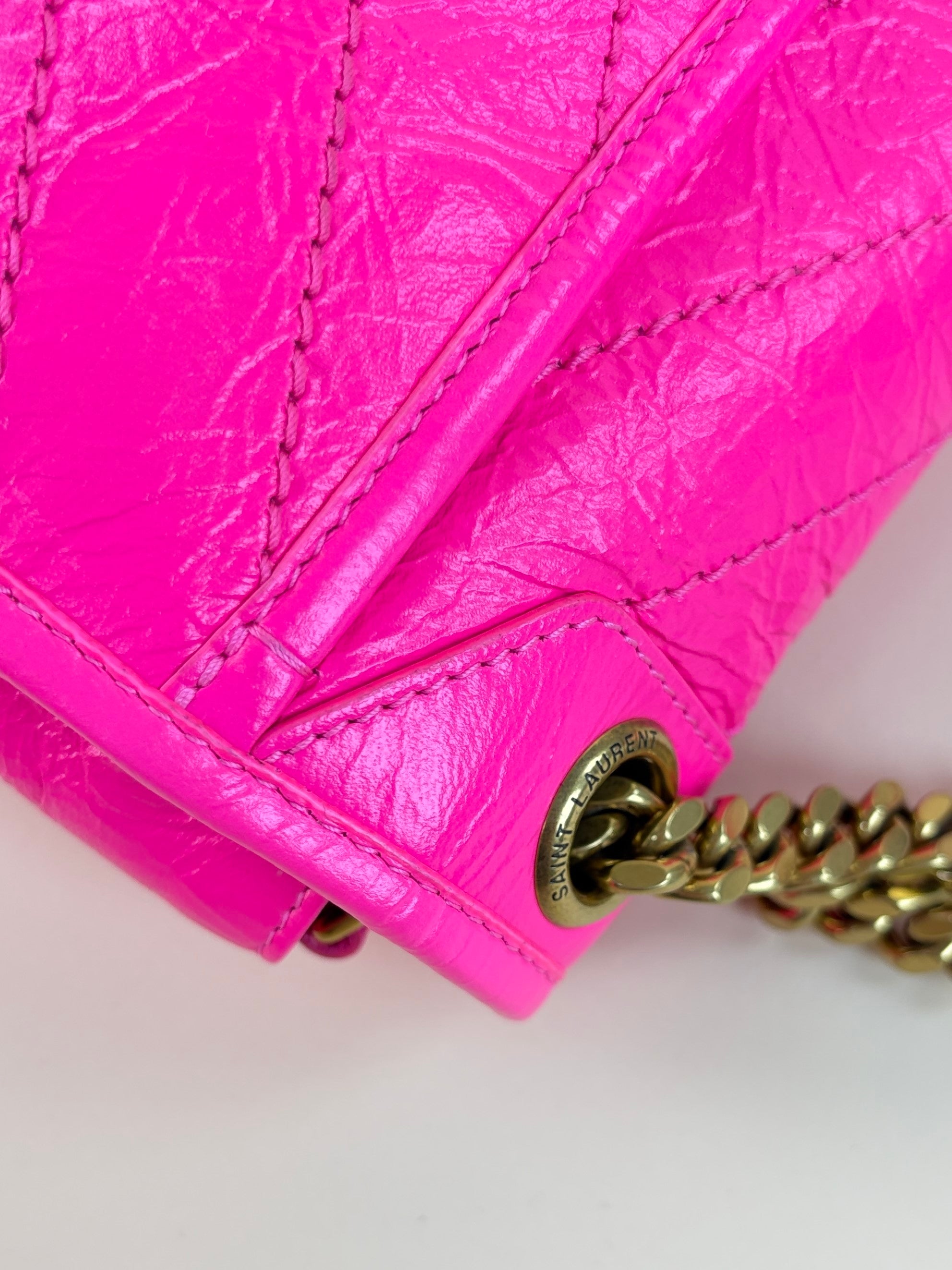 YSL Neon Pink Crinkle Niki Medium Shoulder Bag