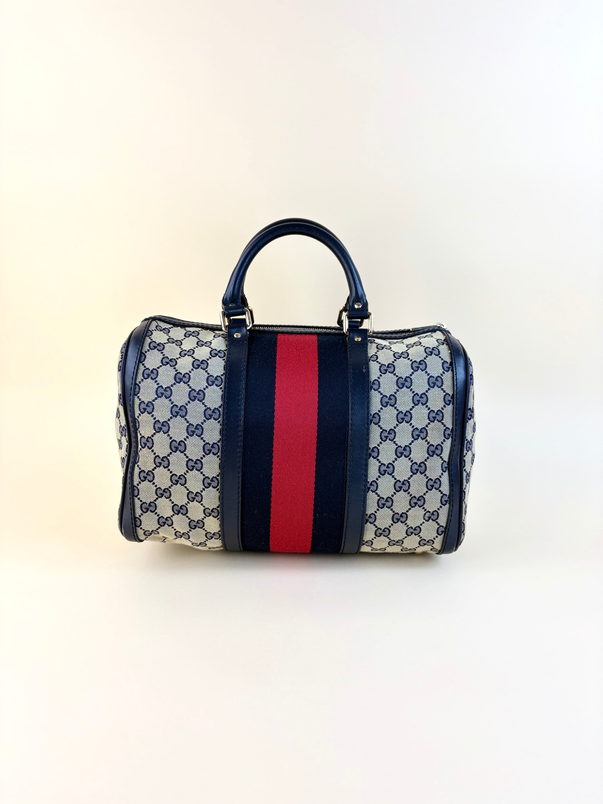 Gucci Blue GG Vintage Web Medium Boston Bag with Shoulder Strap