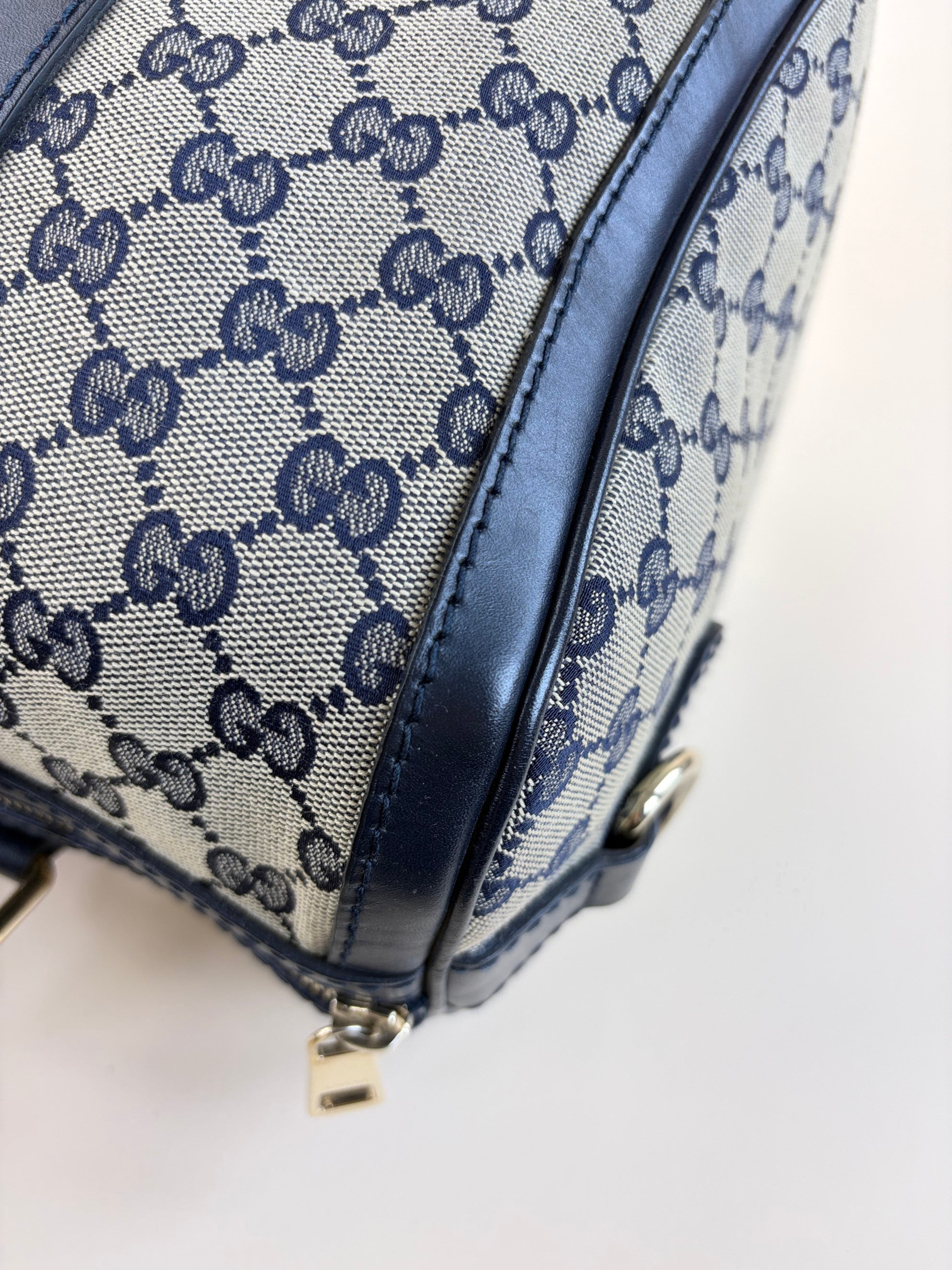 Gucci Blue GG Vintage Web Medium Boston Bag with Shoulder Strap