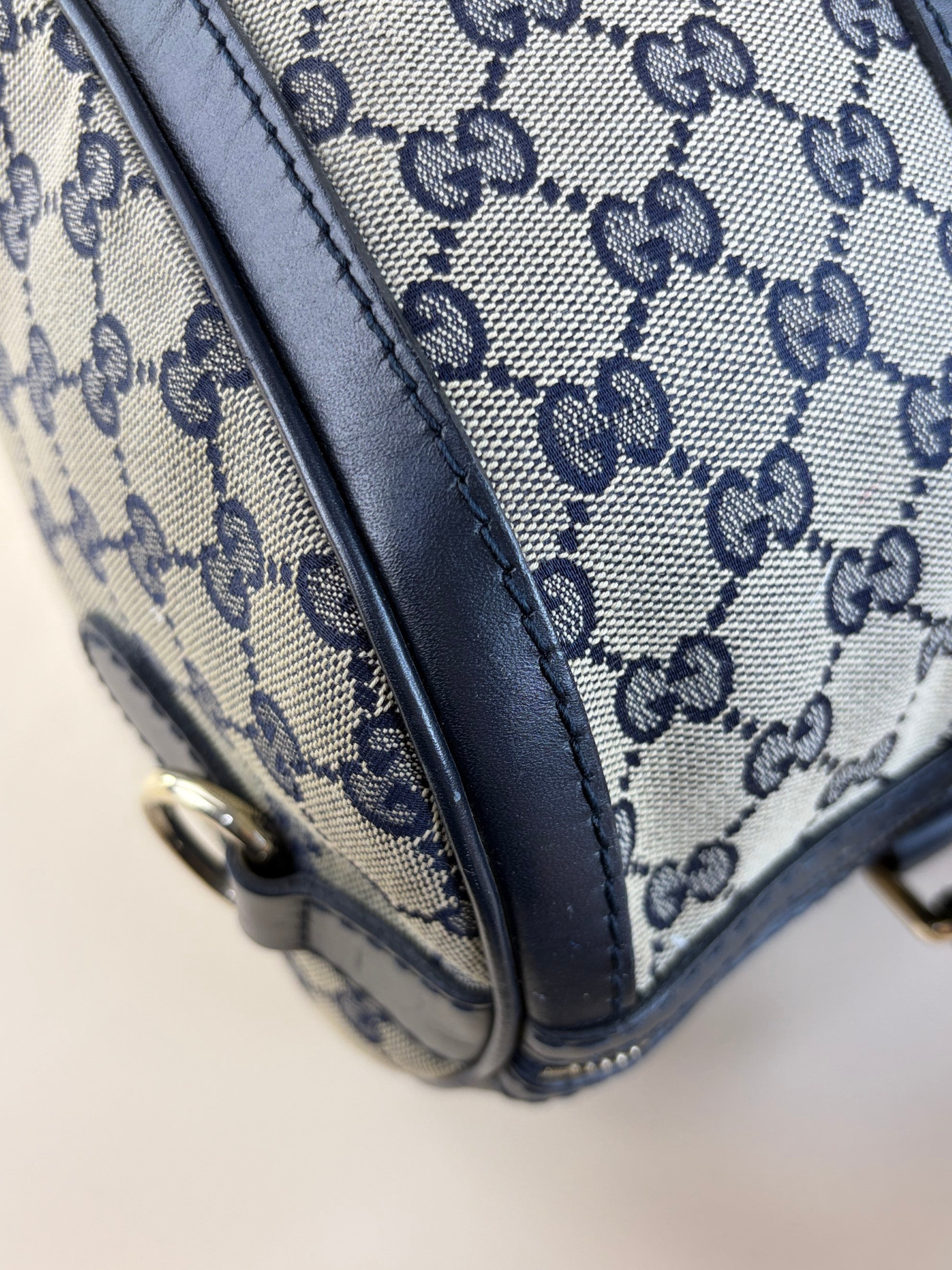 Gucci Blue GG Vintage Web Medium Boston Bag with Shoulder Strap