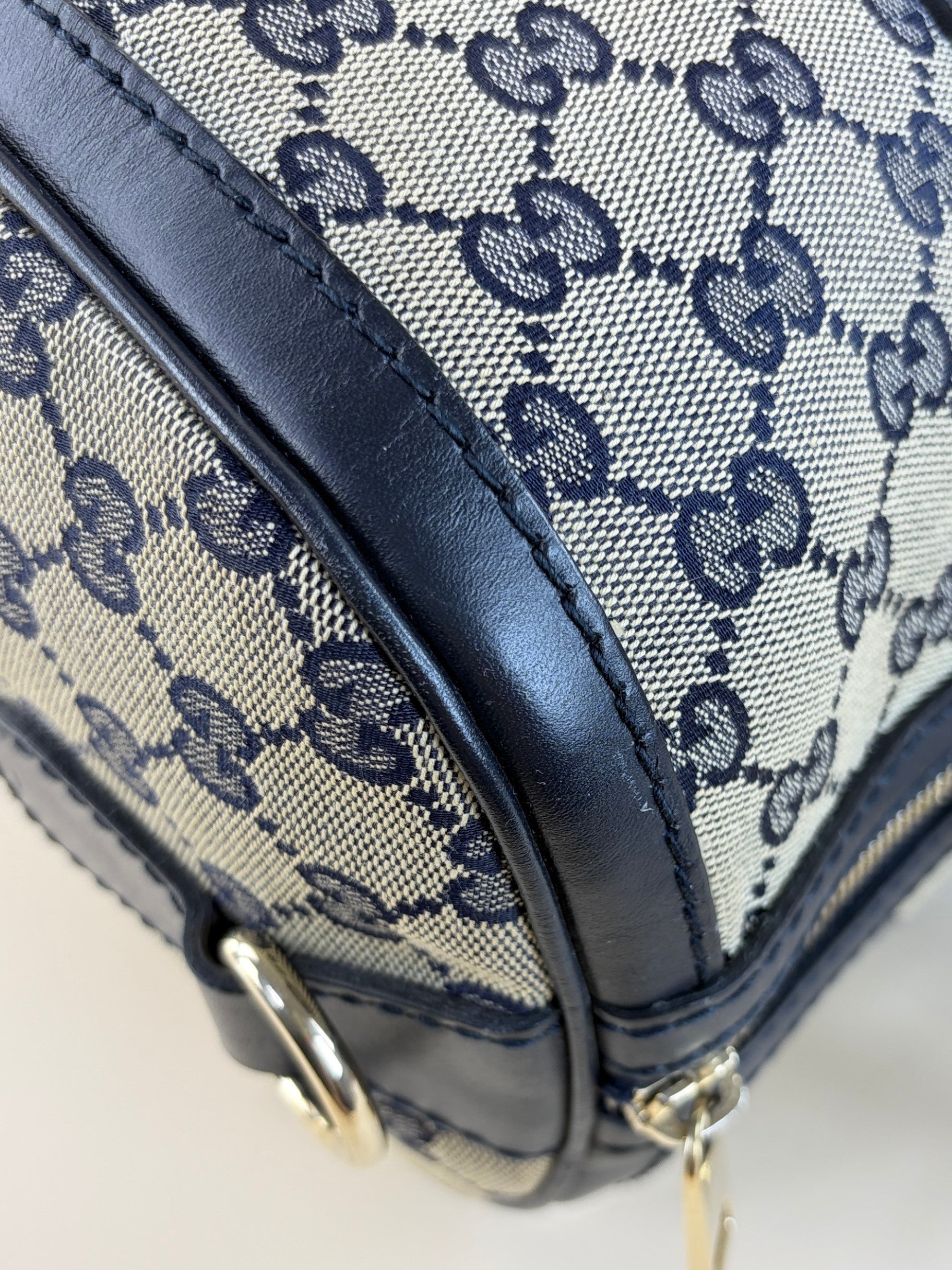 Gucci Blue GG Vintage Web Medium Boston Bag with Shoulder Strap
