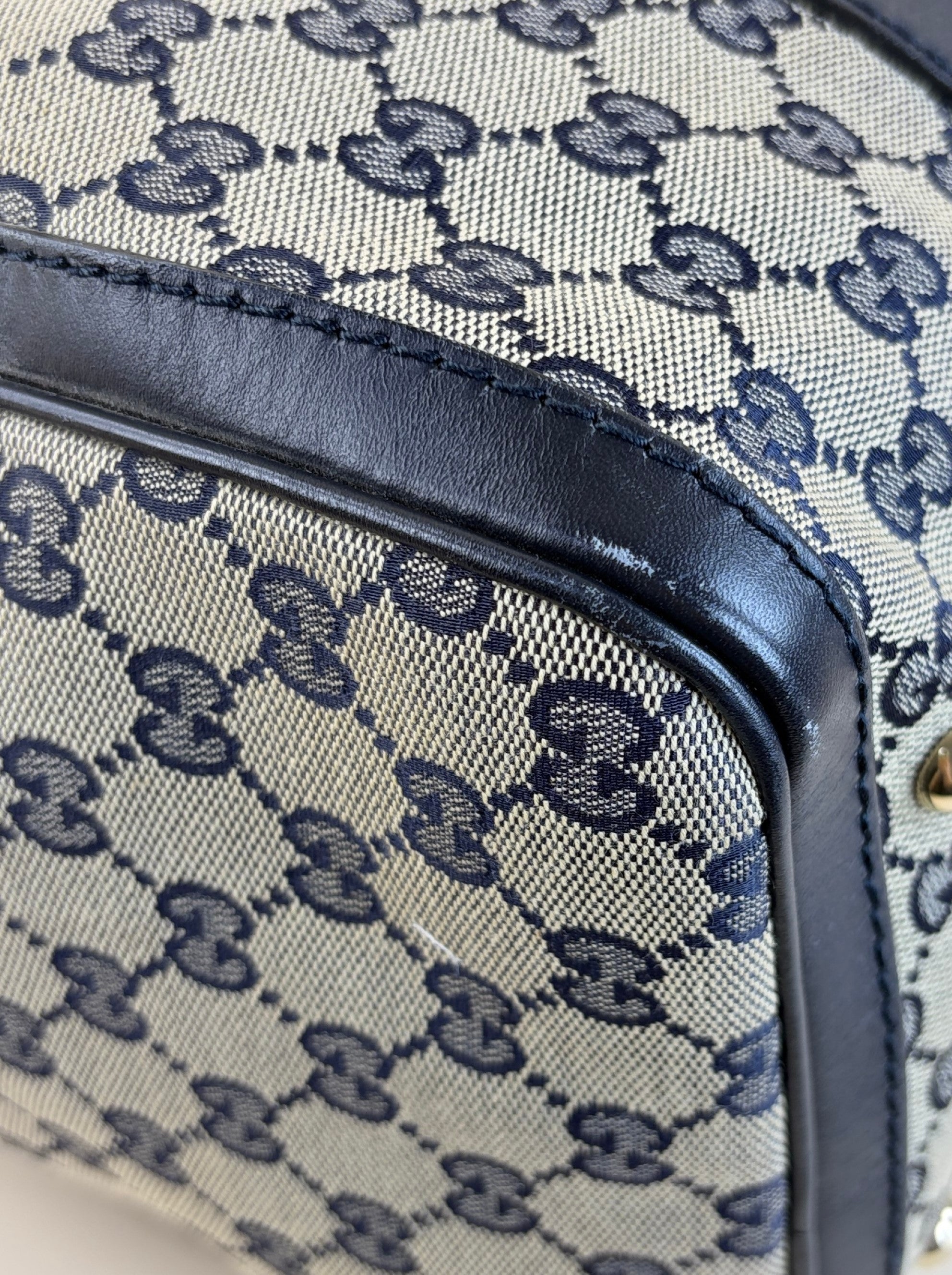 Gucci Blue GG Vintage Web Medium Boston Bag with Shoulder Strap