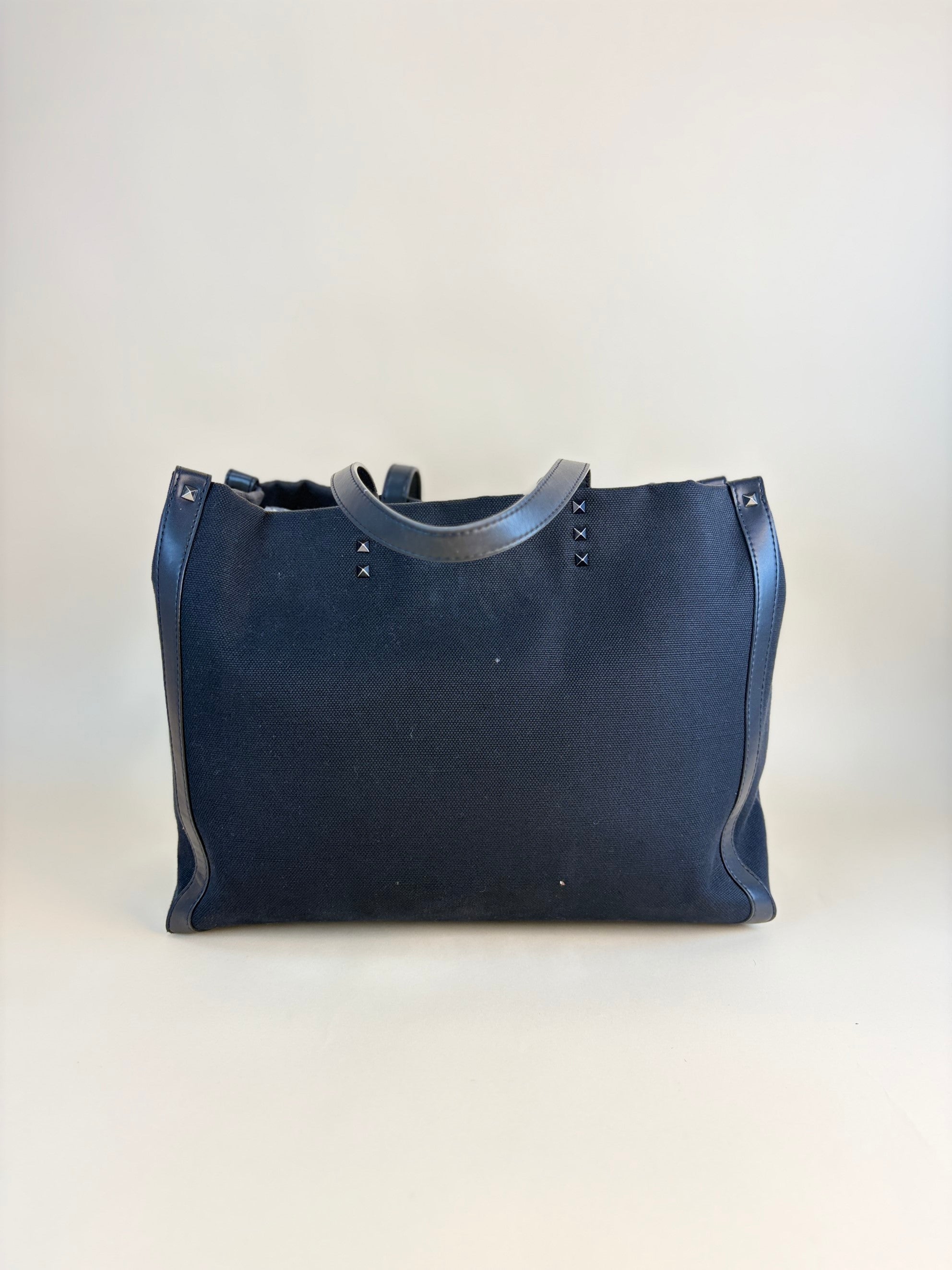 Valentino black canvas calfskin VL TN logo print small rock studs tote bag