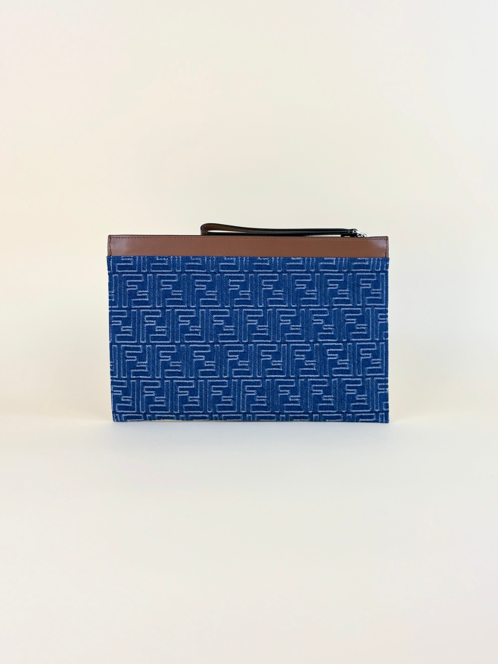 Fendi Blue Denim FF Jacquard Medium Flat Pouch