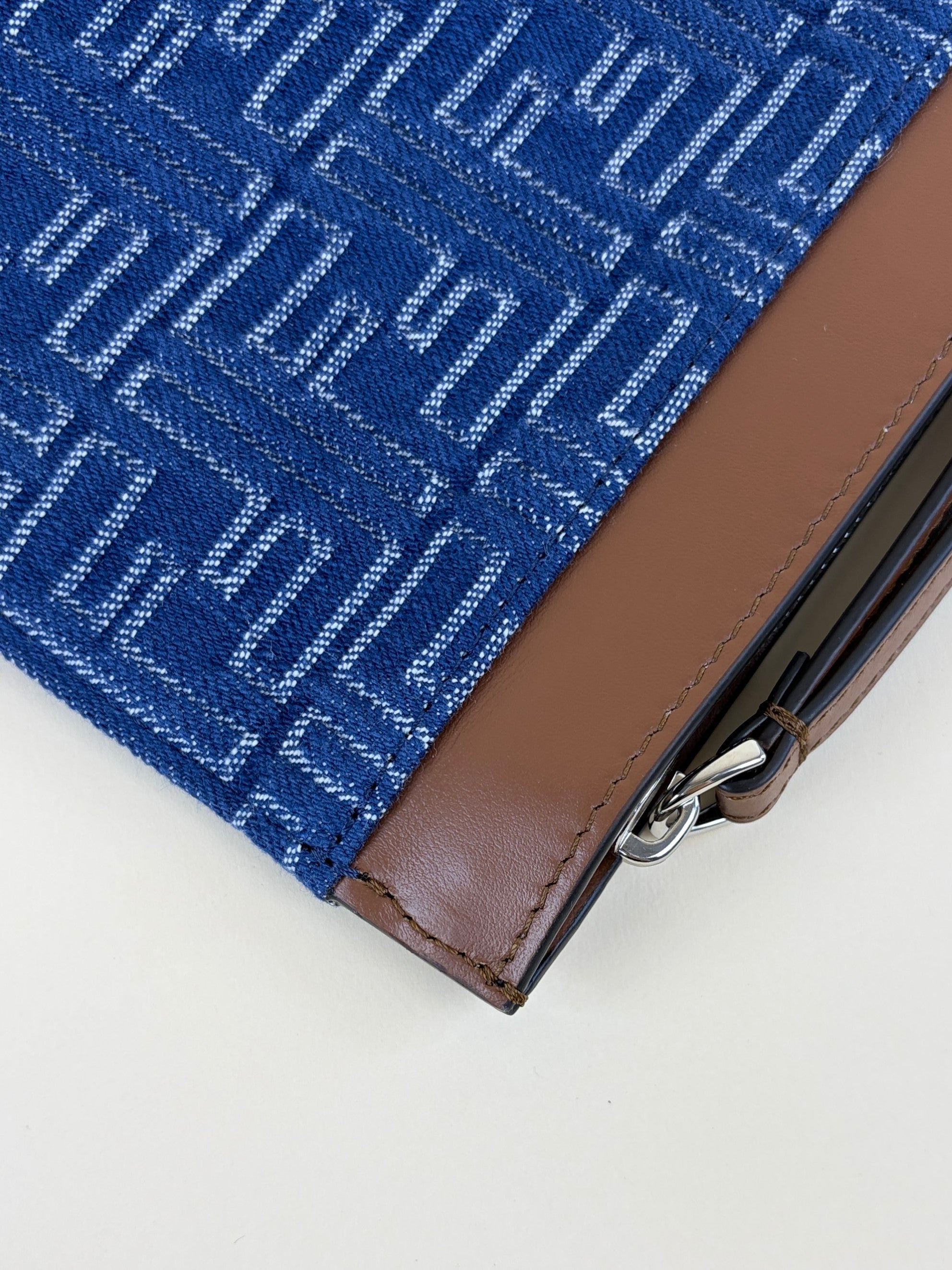 Fendi Blue Denim FF Jacquard Medium Flat Pouch