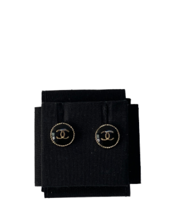 Chanel Black Stud CC Small Flat Top Round Earring
