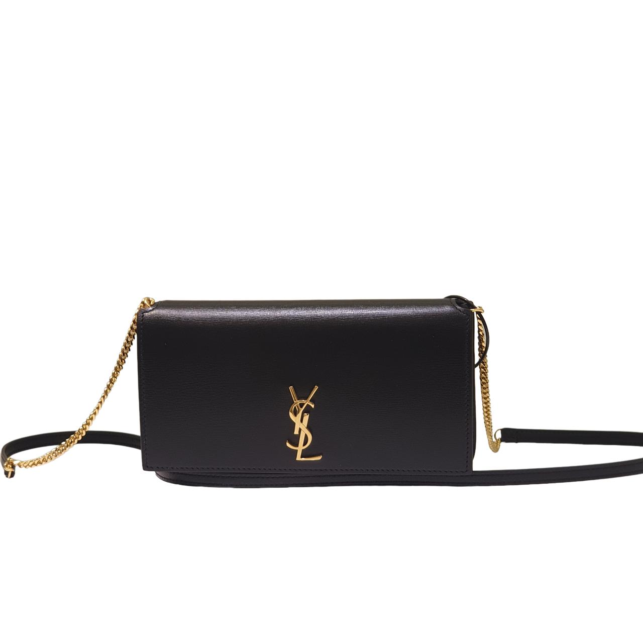 YSL black phone holder with strap in smooth leather