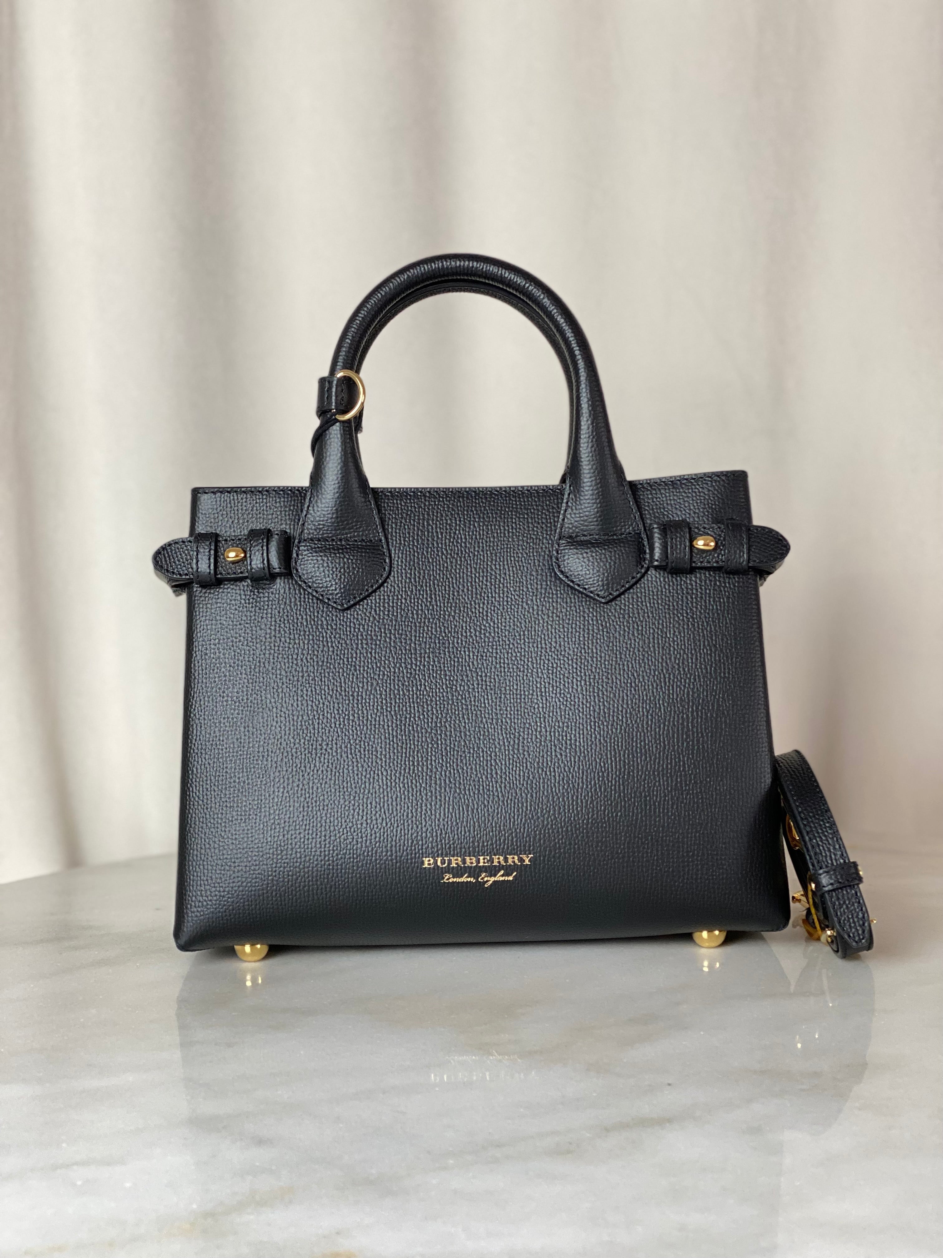 Burberry Black Banner House Check Small Tote Bag W/ Strap