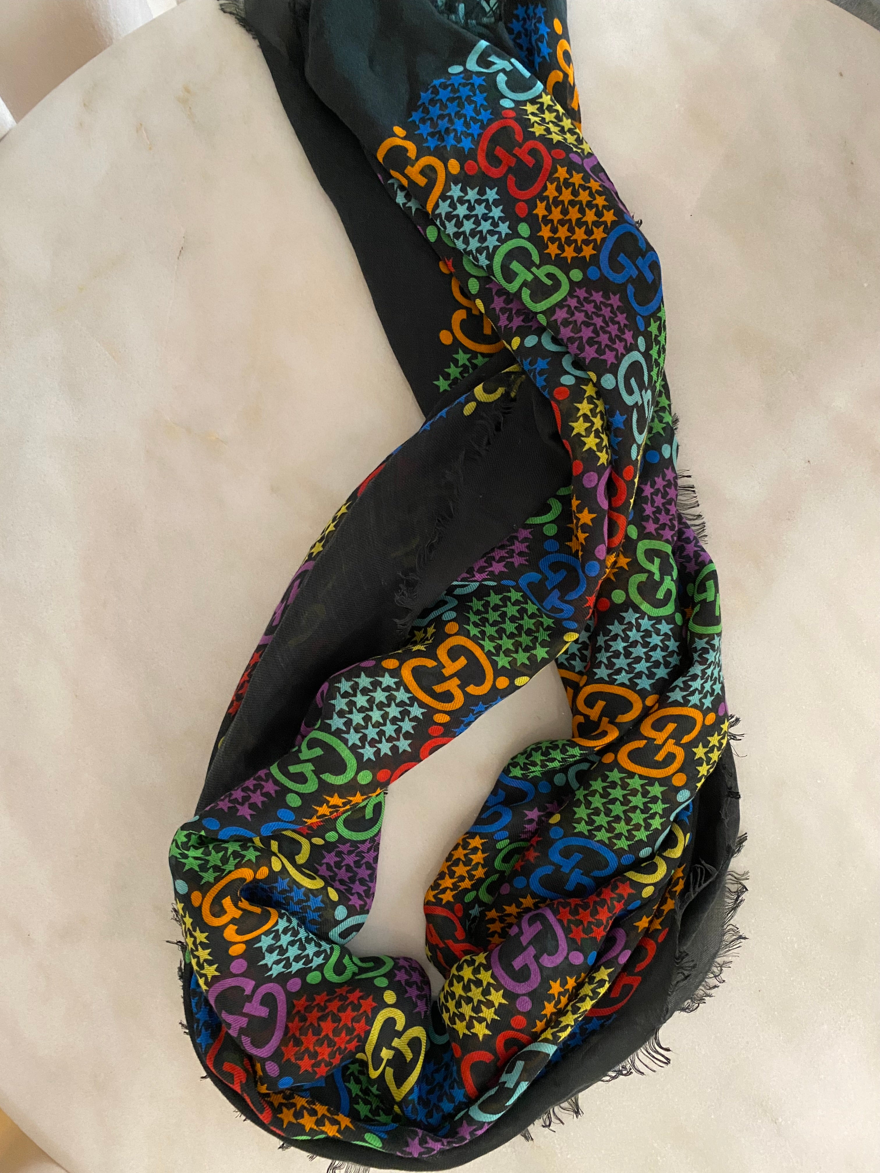 Gucci Black Multicolor Silk GG Psychedelic Scarf