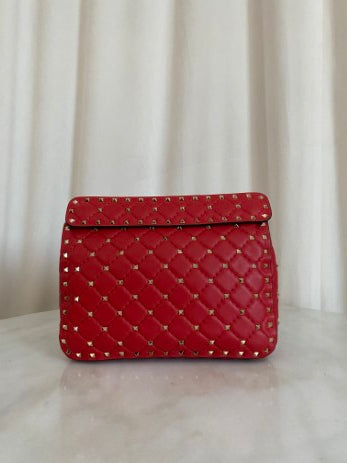 Valentino Red Spike Medium Studded Top Handle Bag W/ Silver Chain