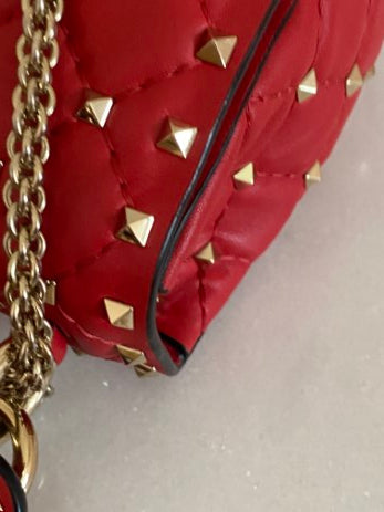 Valentino Red Spike Medium Studded Top Handle Bag W/ Silver Chain